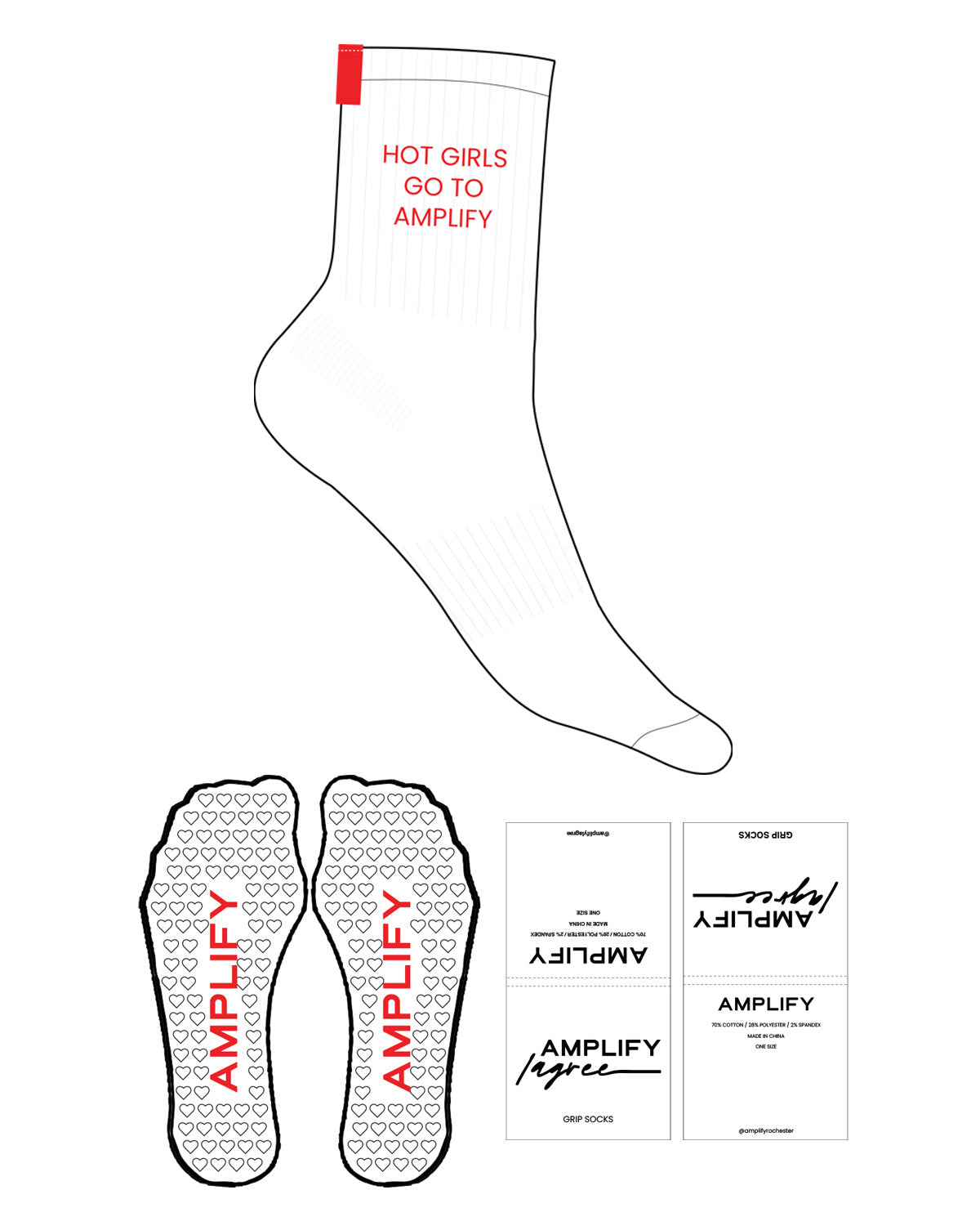 The 3/4 Crew Sock - White - Amplify Lagree - Top Logo "HOT GIRLS" - Red - Red Label - Heart Shape Grip - Red