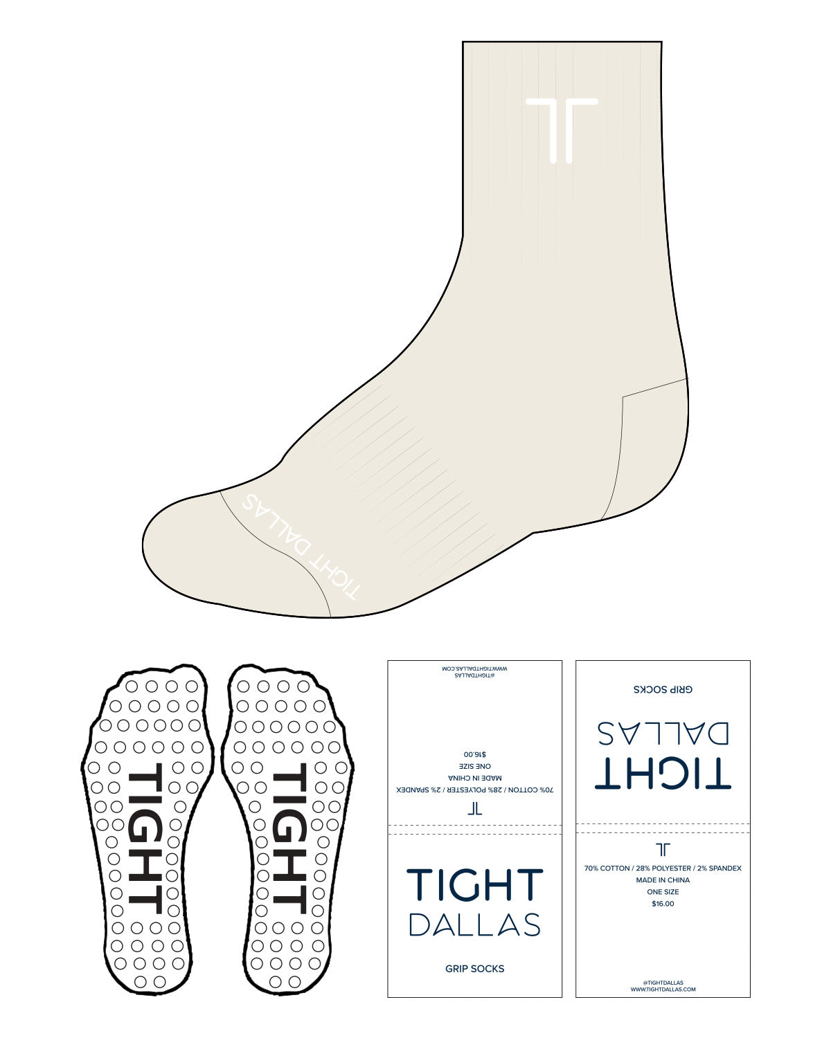 The 3/4 Crew Sock - Off White - Tight Dallas - Top Center & Bottom Text - White - Circle Shape Grip - White - Packaging - Text - Navy