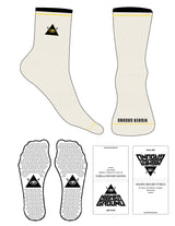 The 3/4 Crew Sock - Off White - Higher Ground - Black & Yellow Stripes - Top Logo Embroidered Black & Yellow - Toe Logo Printed Black - Triangle Grip - Black
