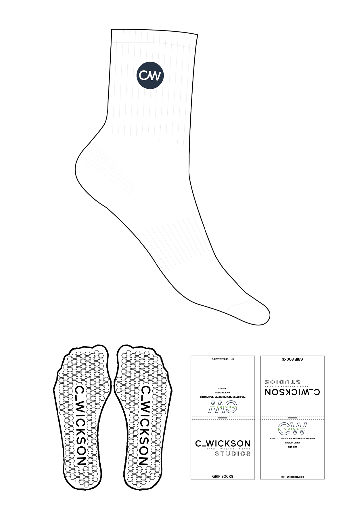 The 3/4 Crew Sock - White - C Wickson - Top Logo Round - Embroidered - Navy/White - Hexagon Grip - Black