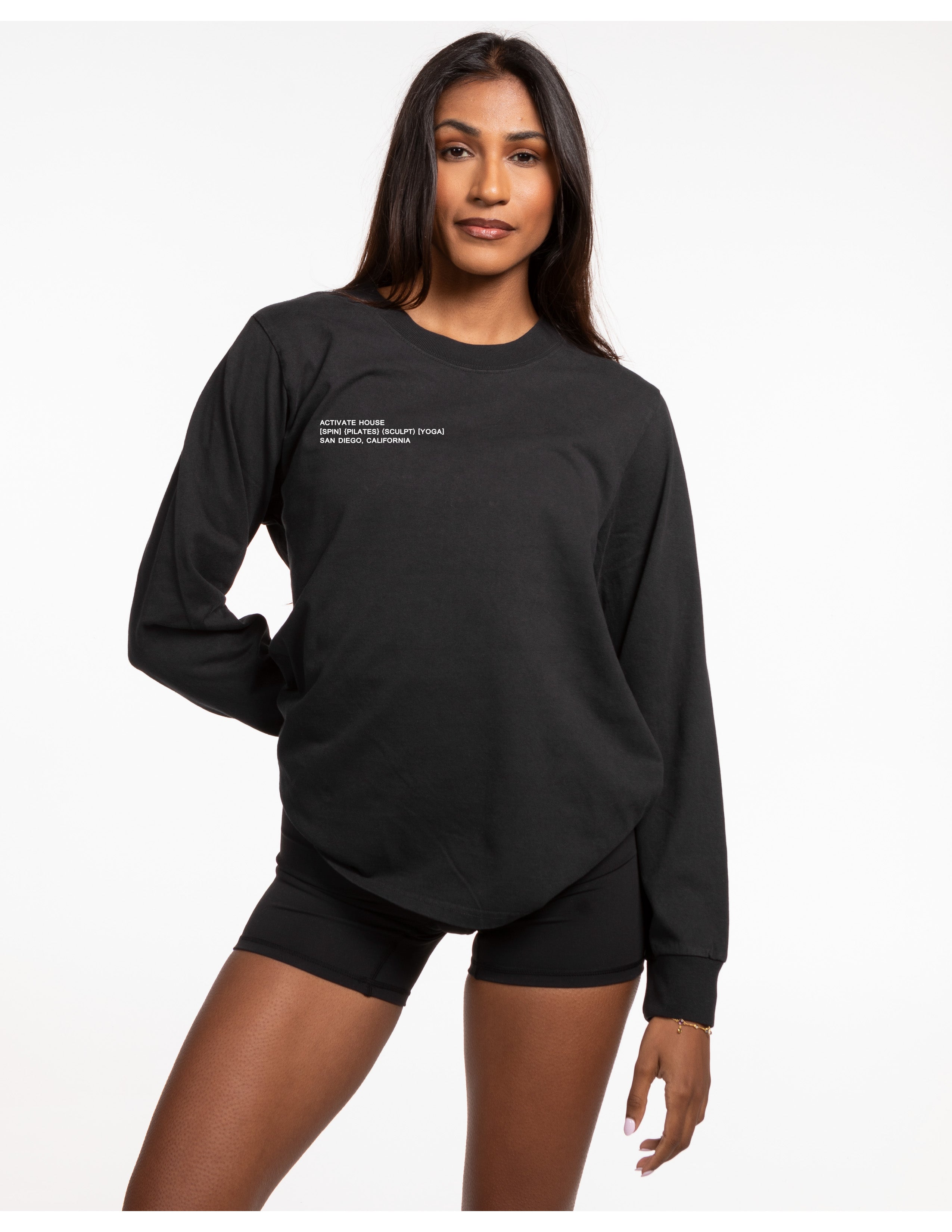 The Womens Heavyweight Long Sleeve - Washed Black - Activate House - Right Chest & Full Back Center - White