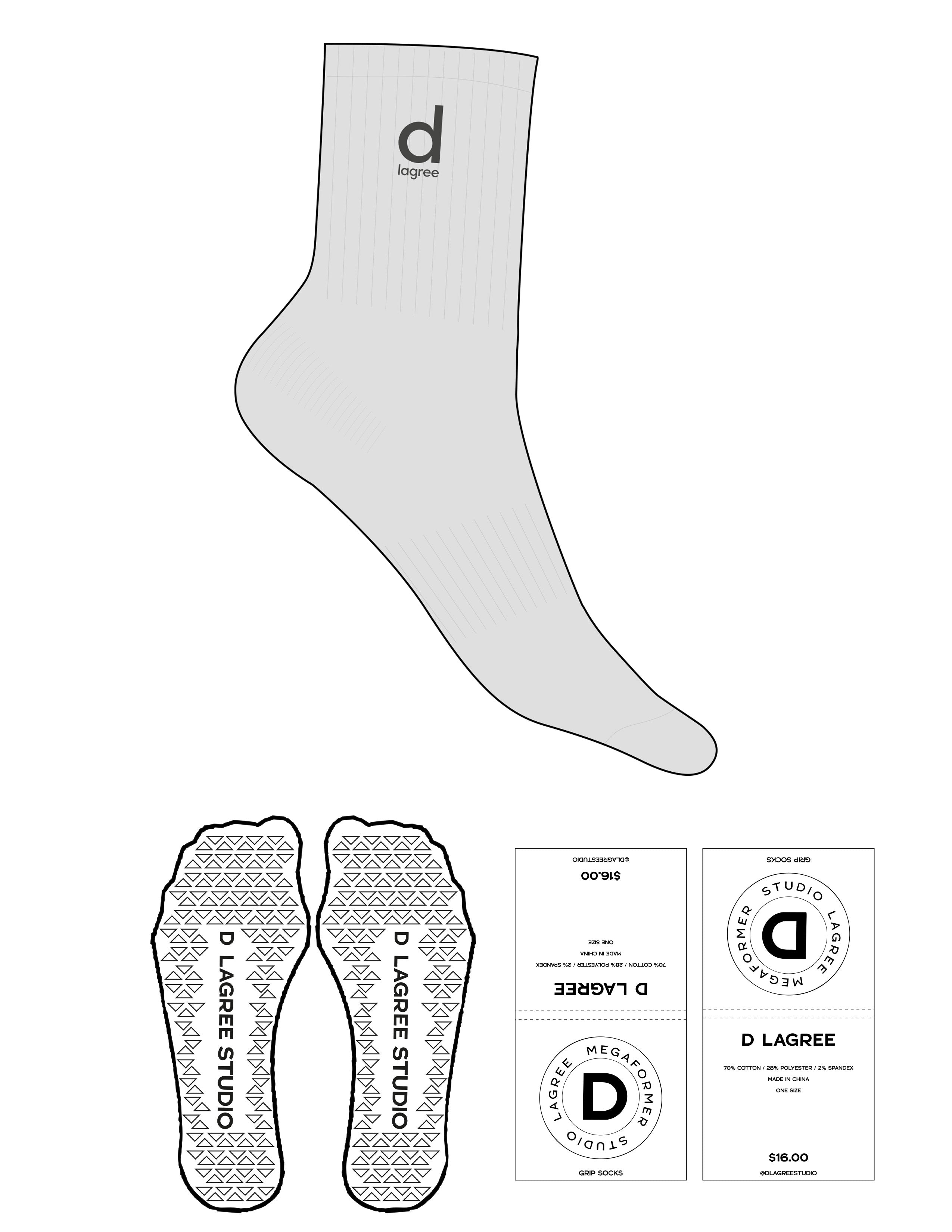 The 3/4 Crew Sock - Heather - D Lagree - Top Logo Stacked - Embroidered - Charcoal - Triangle Grip - Transparent