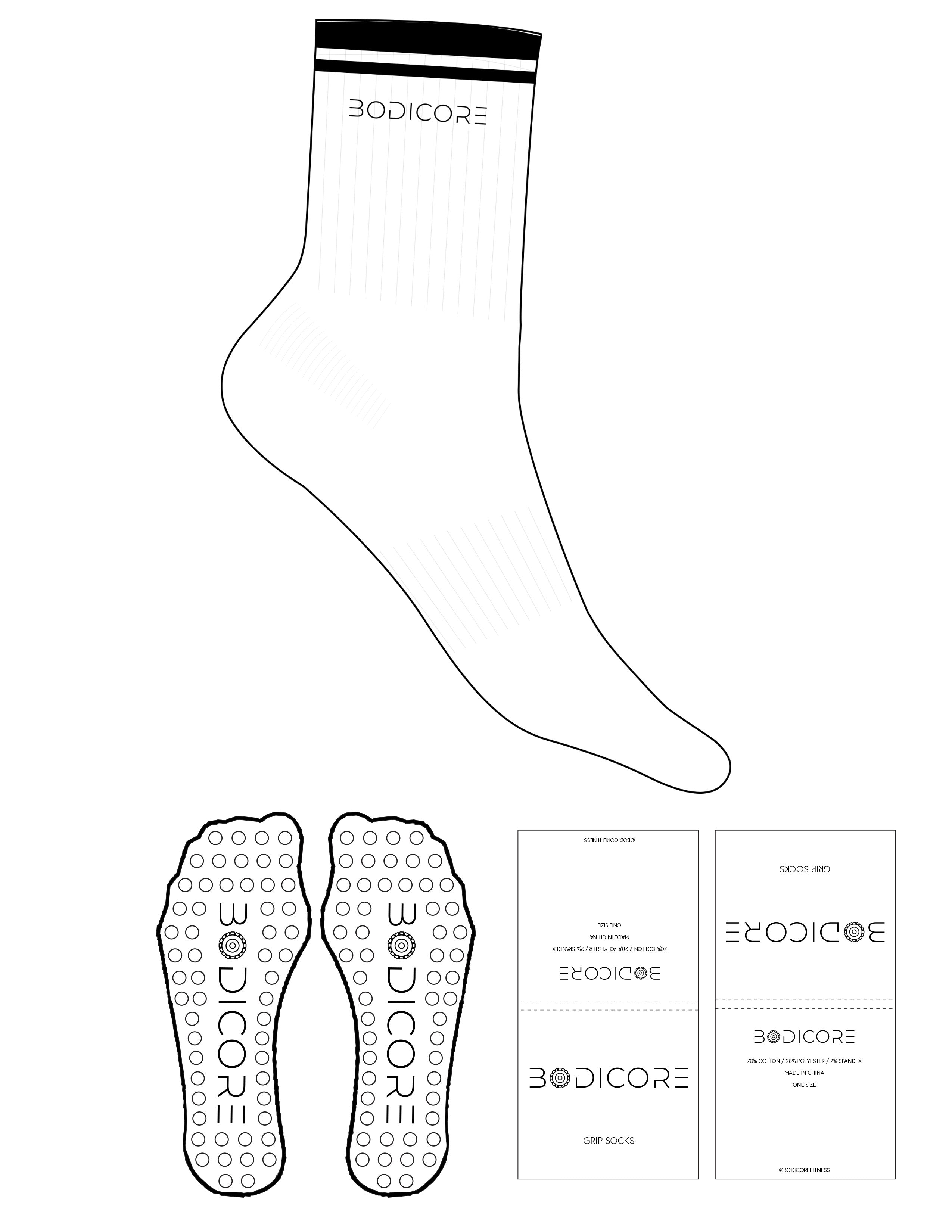 The 3/4 Crew Sock - White - Bodicore - Black Stripes - Top Logo - Embroidered - Black - Circle Grip - Black
