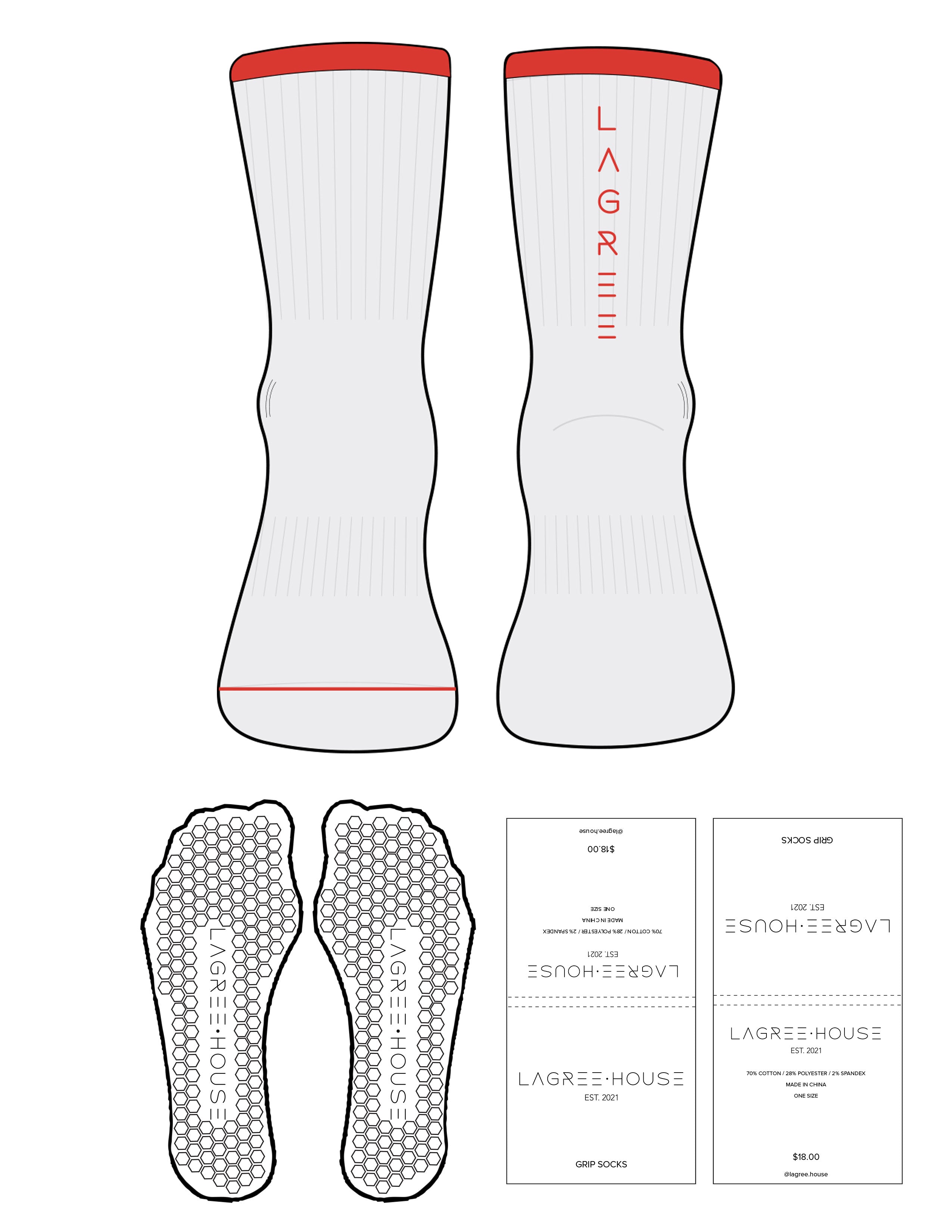 The 3/4 Crew Sock - White Heather - Lagree House - Red Stripes - Top Front & Back Logo - Printed - Red - Hexagon Grip - Transparent