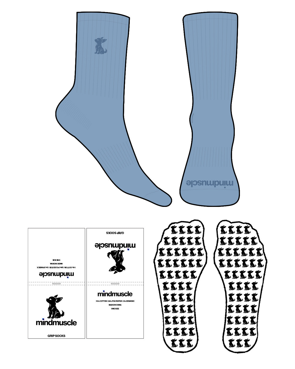 The Crew Sock - Blue Ash - Mind Muscle - Top Logo EMB - Toe Logo Printed - Denim Blue - Custom Grip - Transparent