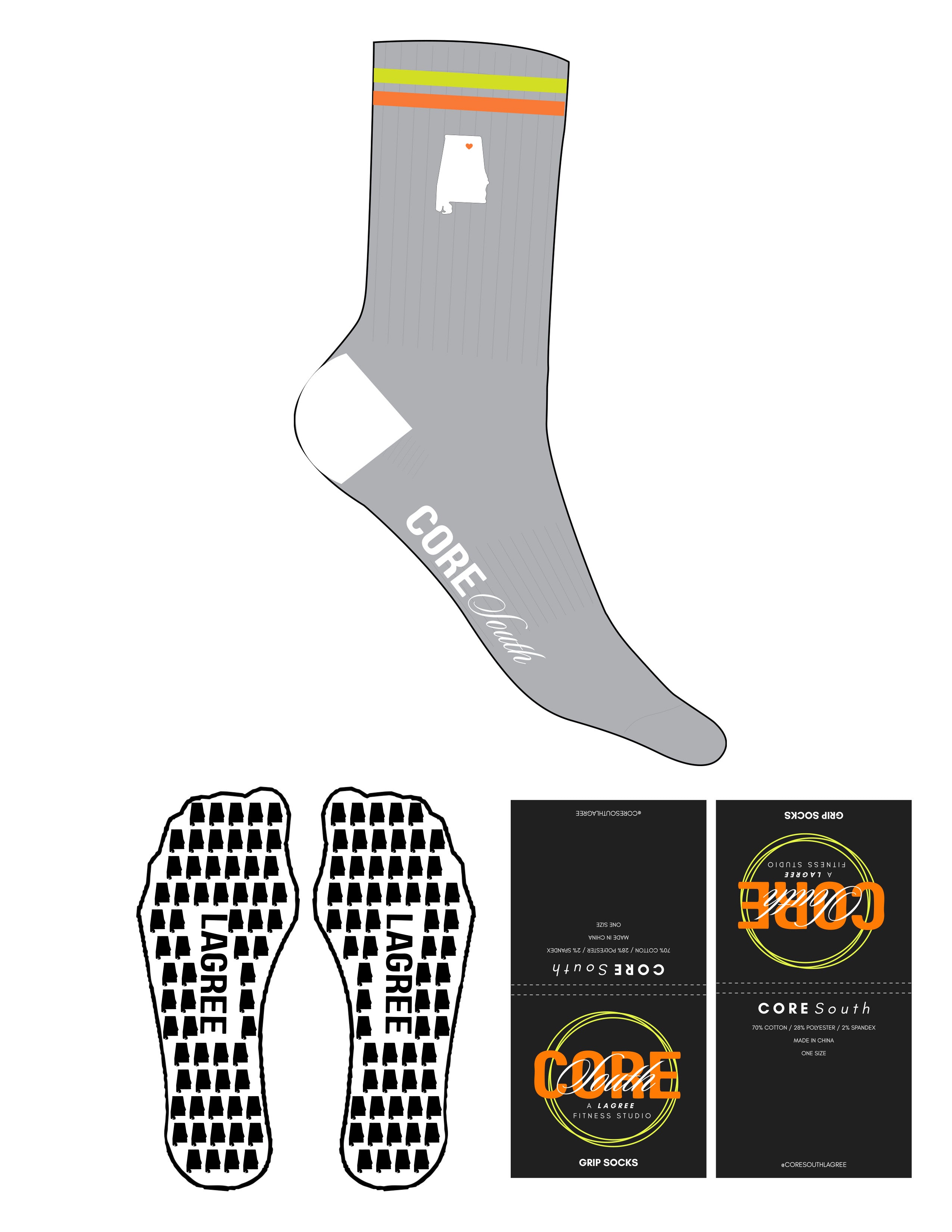The Crew Sock - Harbor Mist - Core South Lagree - Orange Peel & Neon Yellow Stripes - White & Orange Peel Embroidered Top Logo - White Heel, Toe & Sole Logo - Alabama Shape Grip - Orange Peel