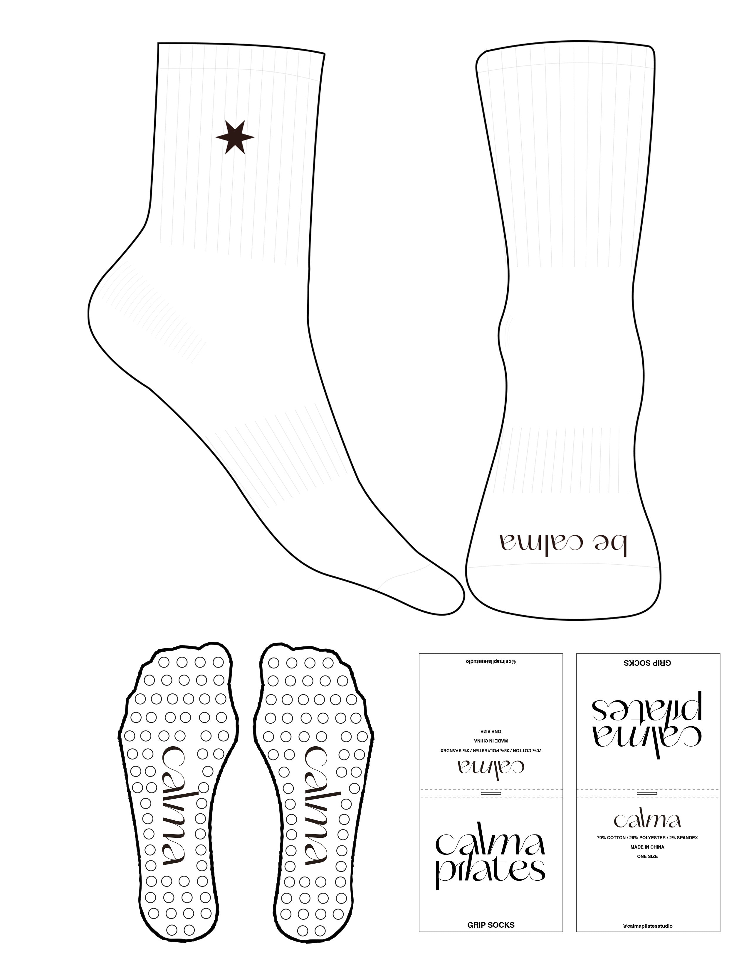 The 3/4 Crew Sock - White - Calma Pilates - Top Logo Embroidered & Toe Logo Printed - Deep Brown - Circle Grip - Transparent