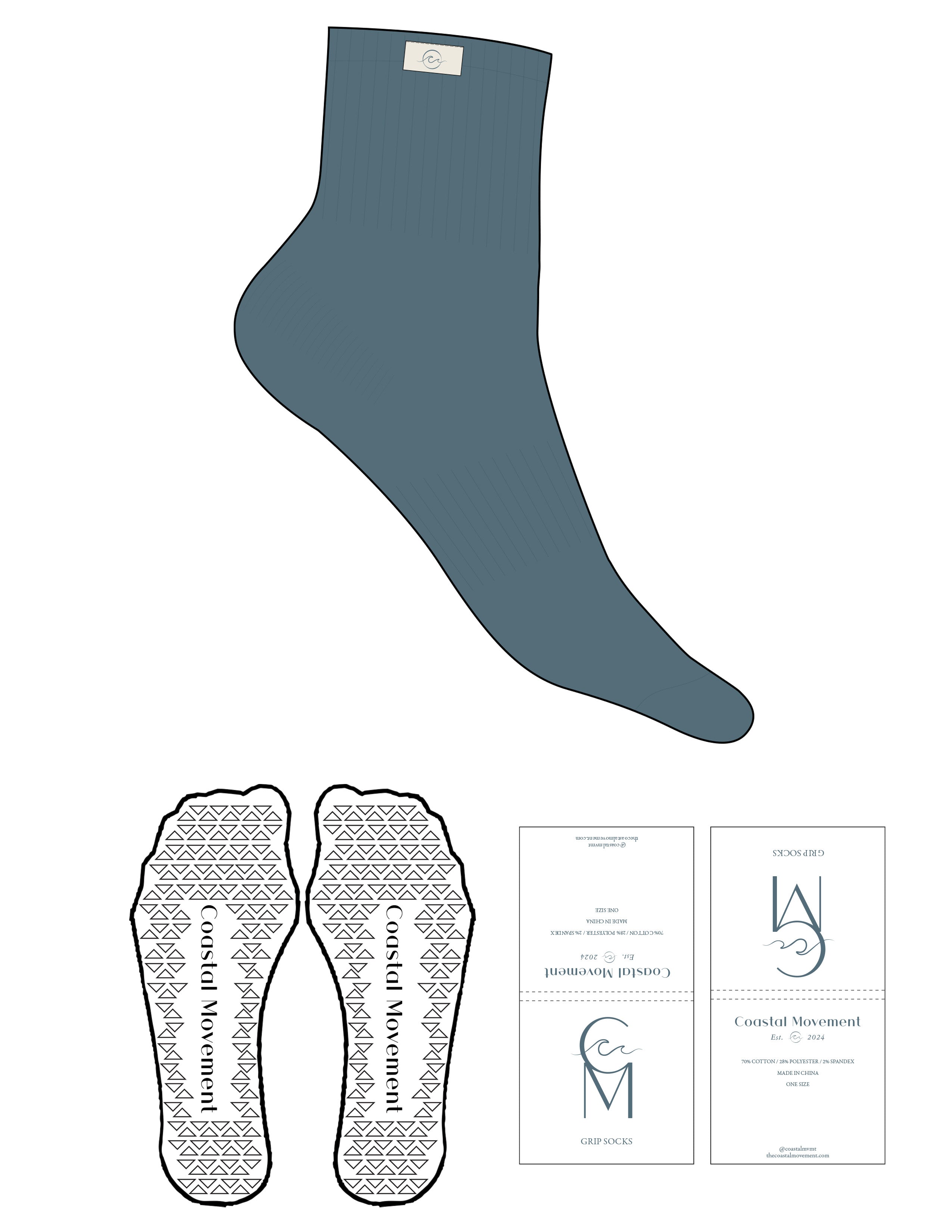 The 1/2 Crew Sock - Blue - Coastal Movement - Top Logo Stitched & Toe Logo - Beige - Triangle Grip - Transparent