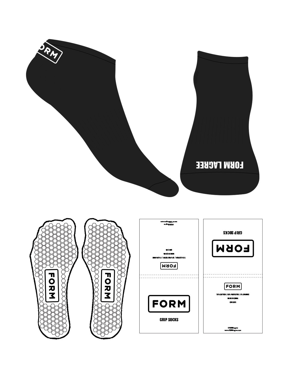 The Ankle Sock - Black - Form - Back Ankle & Front Logo - White - Hexagon Shape Grip - White