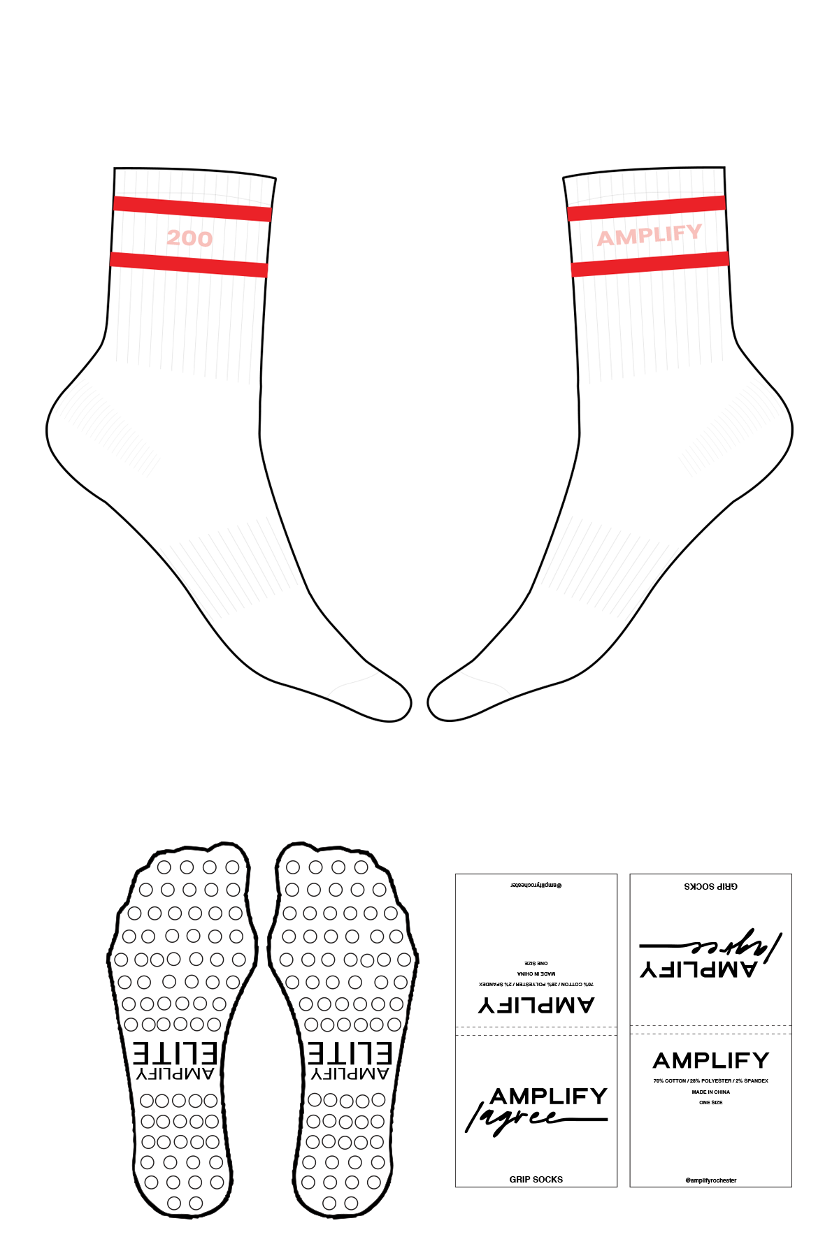 The 3/4 Crew Sock - White - Amplify Lagree - 2 Stripes Red - Top Logo "200" - Printed - Pink -  Circle Grip - Red
