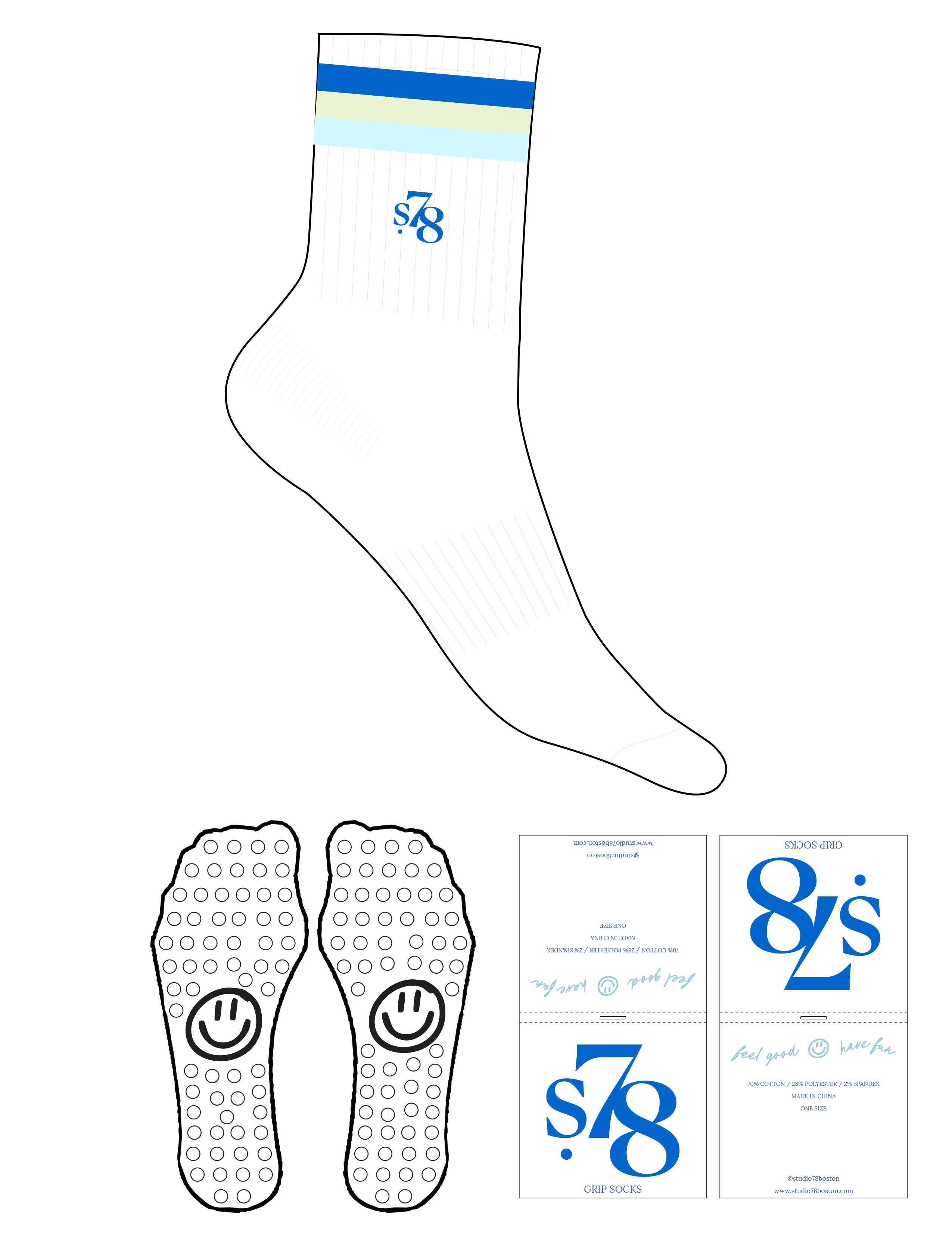 The 3/4 Crew Sock - White - Studio 78 - 3 Stripes Full Color - Top Logo "S78" - Embroidered - Cobalt Blue - Circle Smile Grip - Cobalt Blue