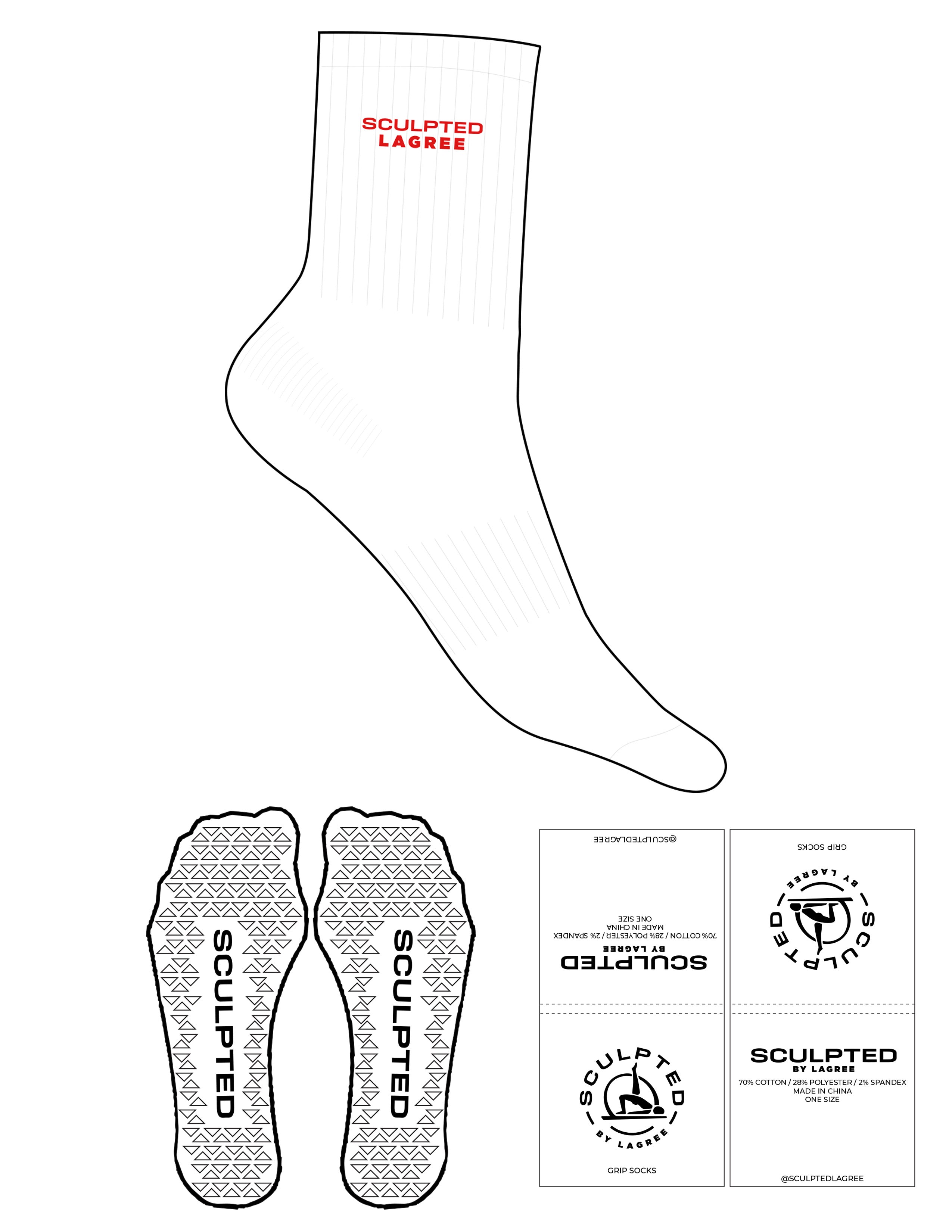 The 3/4 Crew Sock - White - Sculpted By Lagree - Top Logo Stacked - Embroidered - Red - Triangle Grip - Red
