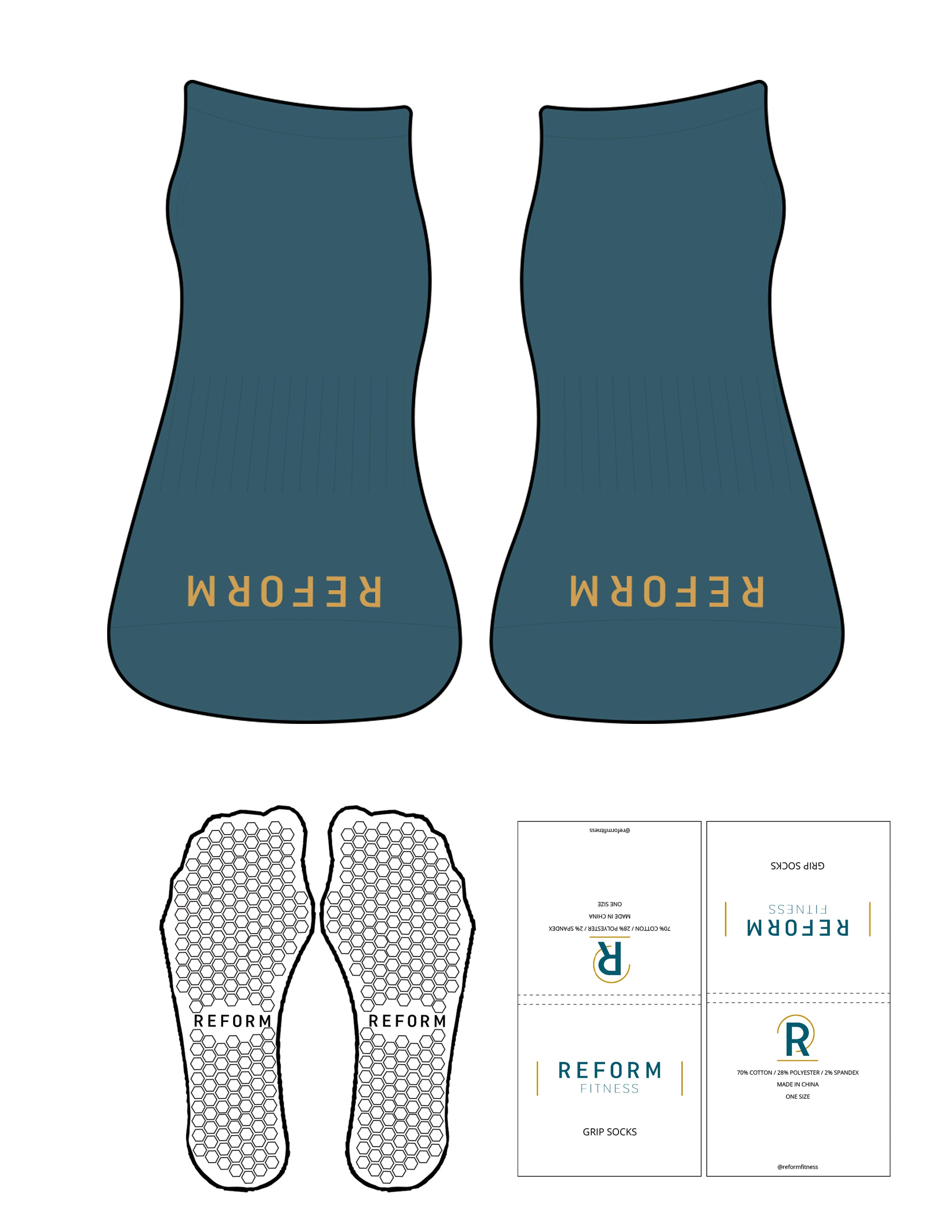The Ankle Sock - Blue Smoke - Reform Fitness - Toe Logo - Bright Gold - Hexagon Grip - Transparent