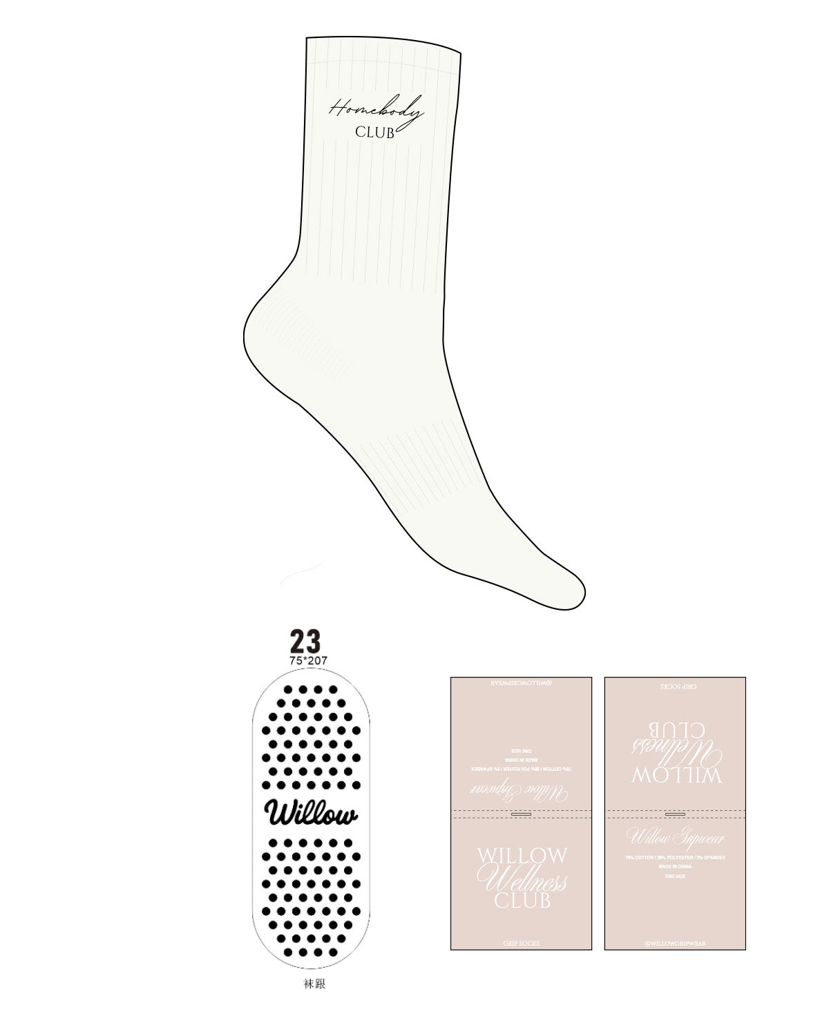The Crew Sock - Soft White - Willow Gripwear - Top Logo Stacked - Embroidered - Flat Ribbing - Black - Circle Grip - Transparent