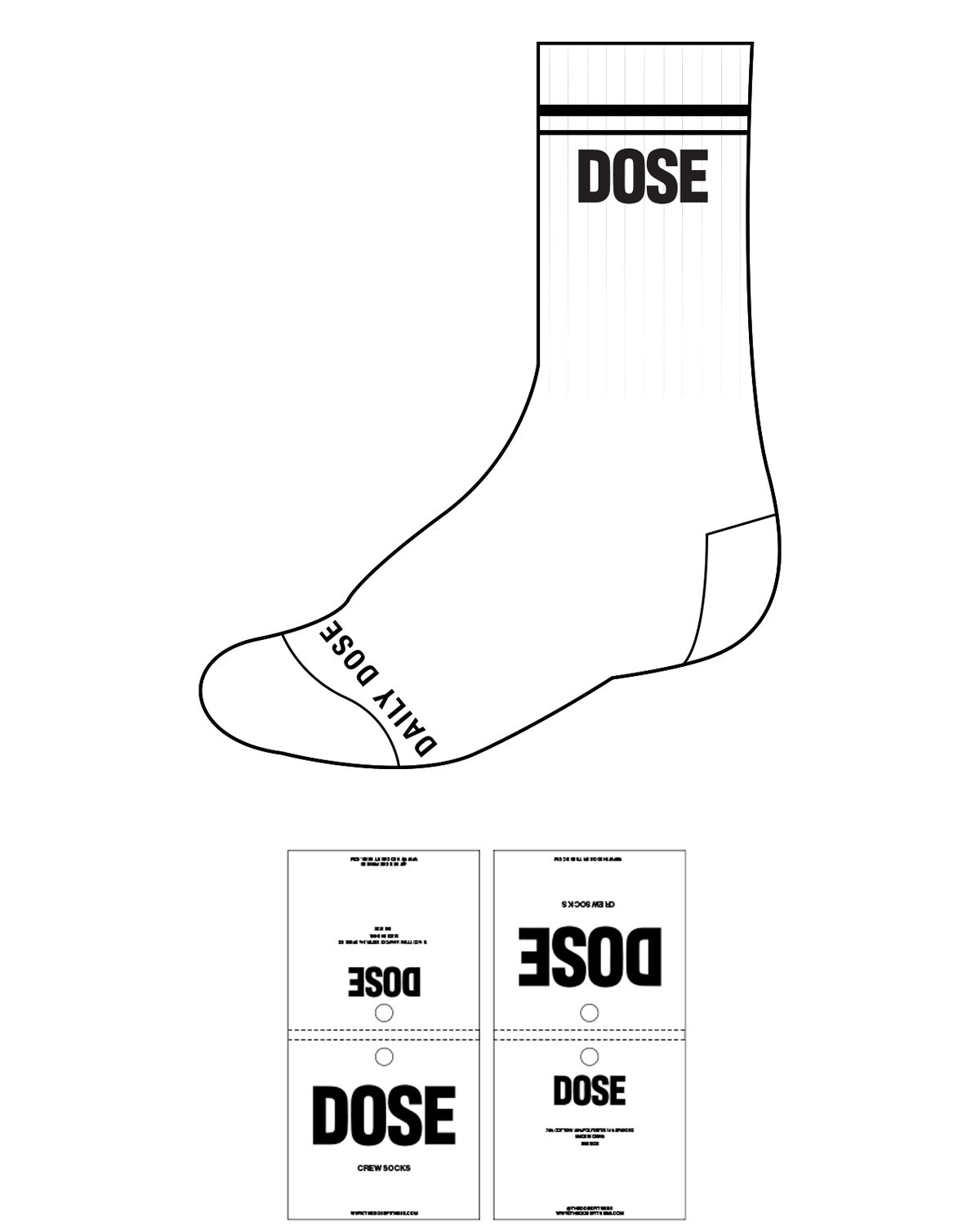 The Crew Sock - White - Dose - 2 Strips - Top & Toe Logo - Black