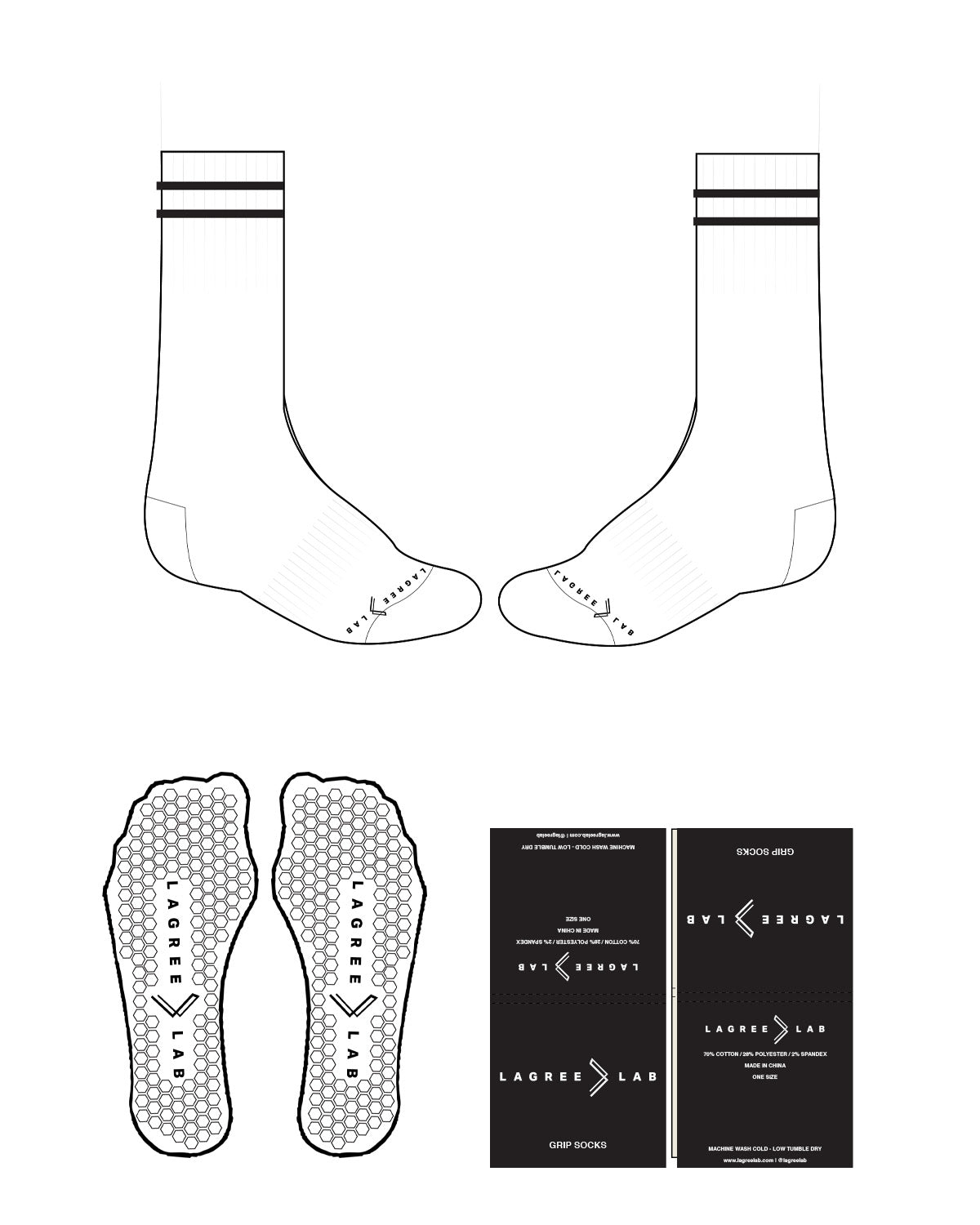 The Crew Sock - White - LagreeLab - 2 Stripes Top - Text & Icon - Toes - Black - Hexagon Shape Grip - Black