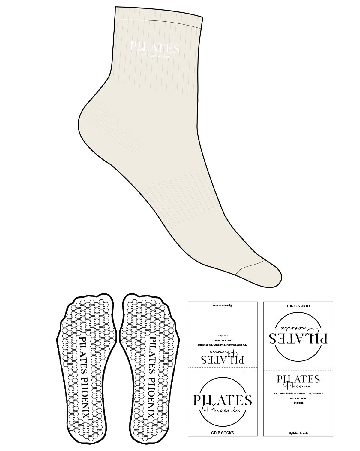 The 1/2 Crew Sock - Off White - Pilates Phoenix - Top Logo Stacked - Embroidered - White - Hexagon Shape Grip - White