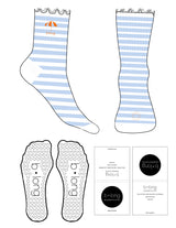 The 3/4 Crew Sock - White - B Long Pilates - Printed Stripes Blue Gray - Top Logo Embroidered - Toe Logo Printed - Orange - Heart Grip - Transparent