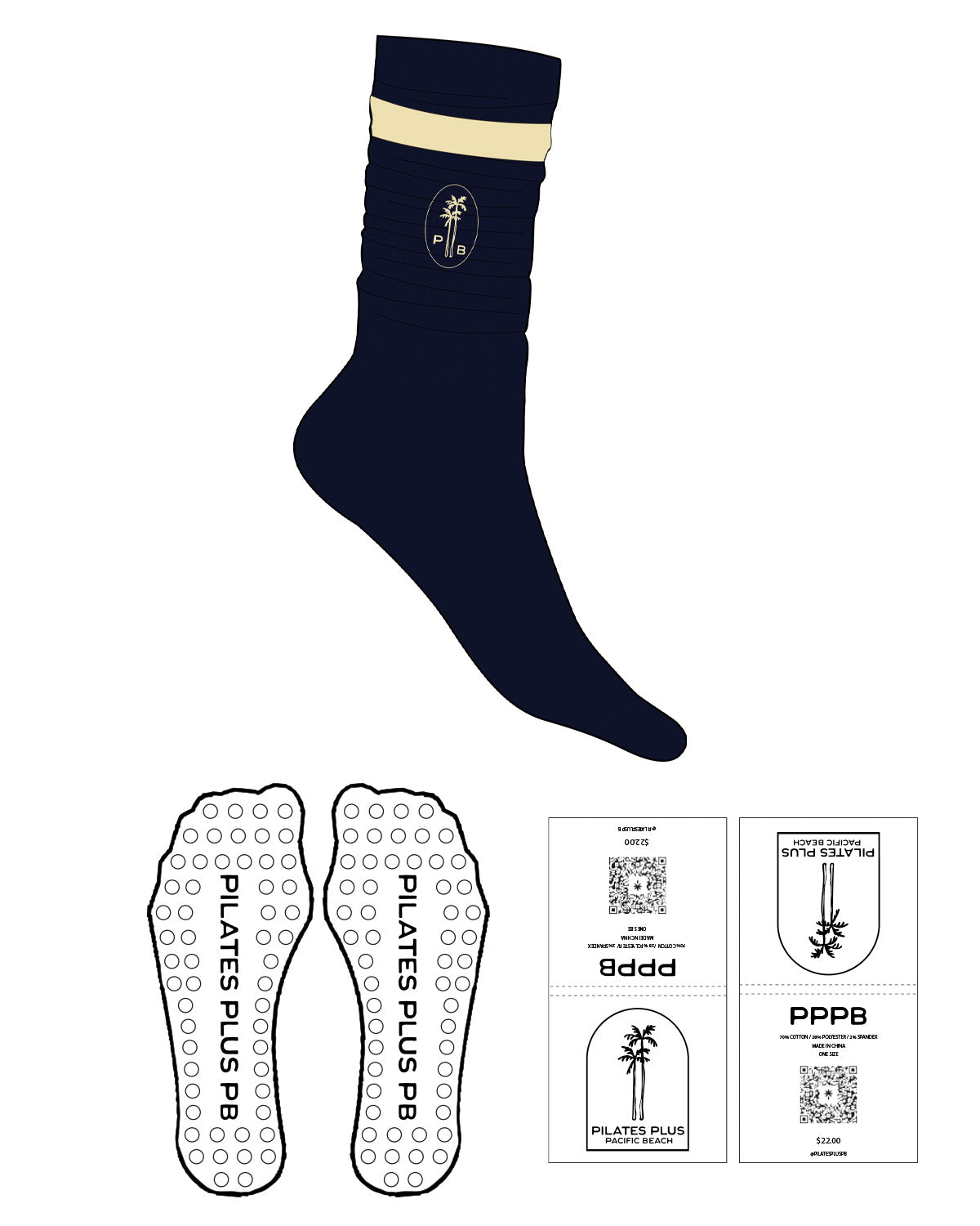 The Slouch Sock - Navy - Pilates Plus PB - 1 Stripe - Top Logo Oval - Embroidered - Butter - Circle Grip - Transparent