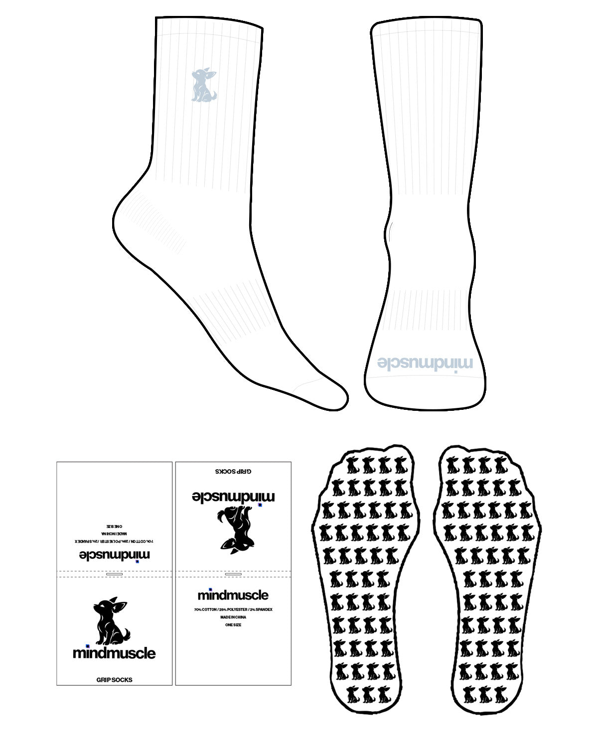 The Crew Sock - White - Mind Muscle - Puppy - Ballad Blue  - EMB - Toe - Printed - Ballad Blue  -  Custom Grip - Ballad Blue