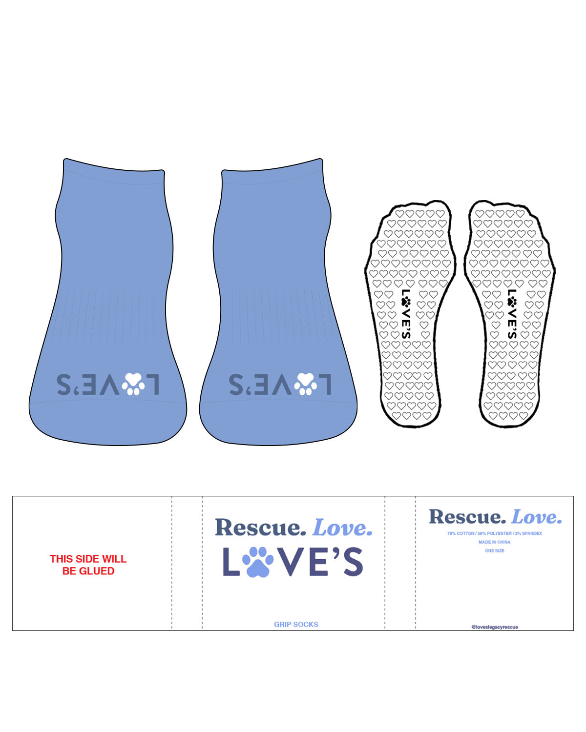 The Ankle Sock - Vista Blue - LLR - Toe - "Love" - Rain Cloud & White - Heart Grip - Transparent