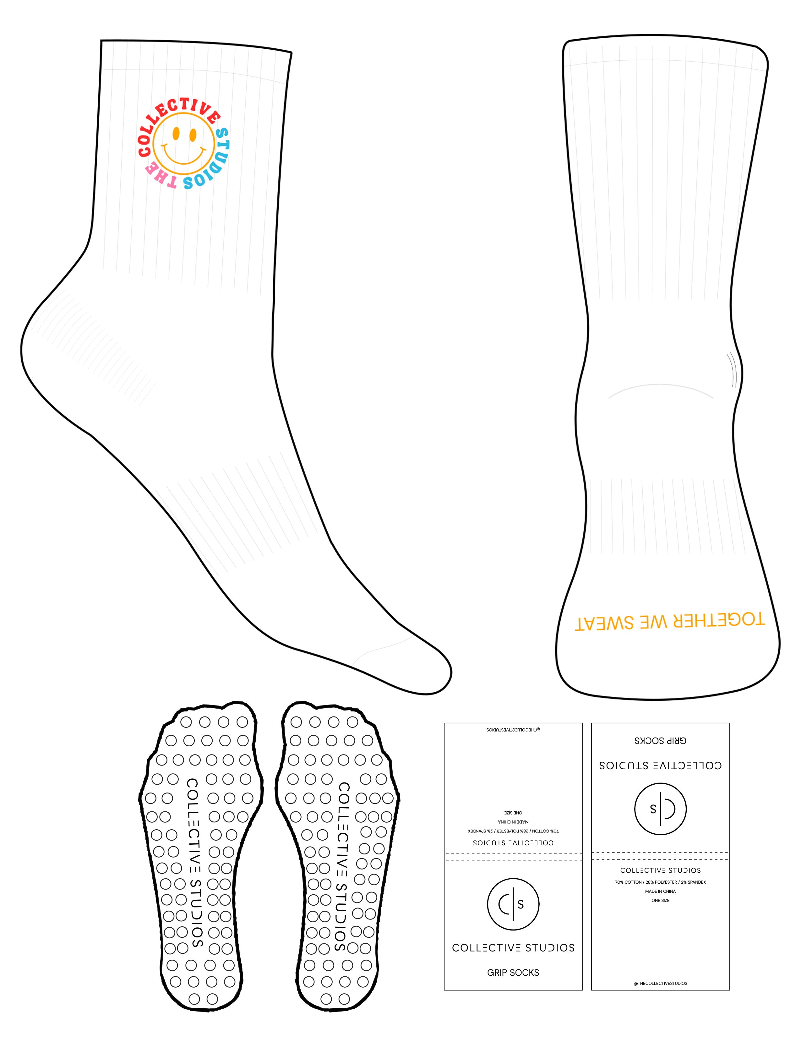 The 3/4 Crew Sock - White - Collective Studios - Top Logo Embroidered Full Color - Toe Logo Printed Orange - Circle Grip - Pink
