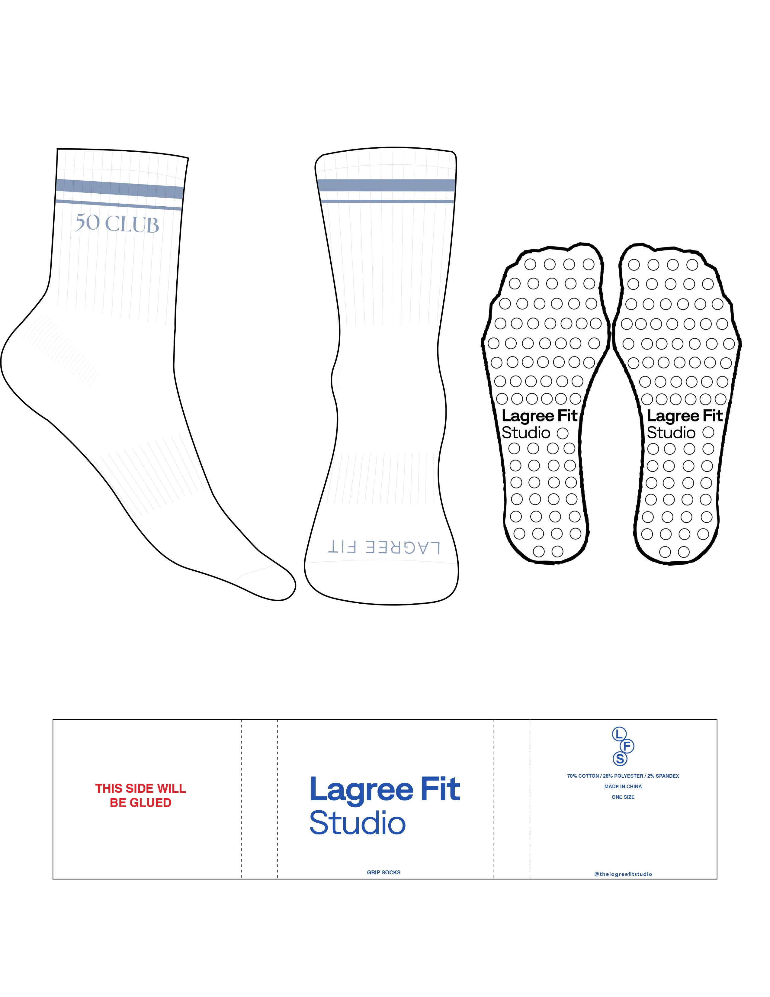 The 3/4 Crew Sock - White - Lagree Fit Studio - Forever Blue Stripes - Top & Toe Logo - Forever Blue - Circle Grip - Forever Blue