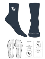 The 3/4 Crew Sock - Navy - Tone Wellness Studio - Top Embroidered & Toe Printed Logo - White - Circle Grip - Transparent