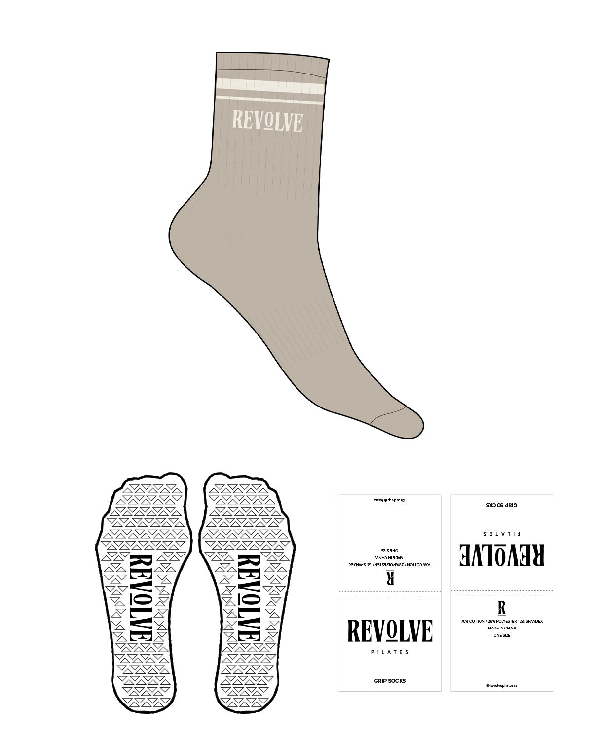 The 3/4 Crew Sock - Tan - Revolve Pilates - 2 Strips - Top Logo - Off White - Triangle Shape Grip - Transparent