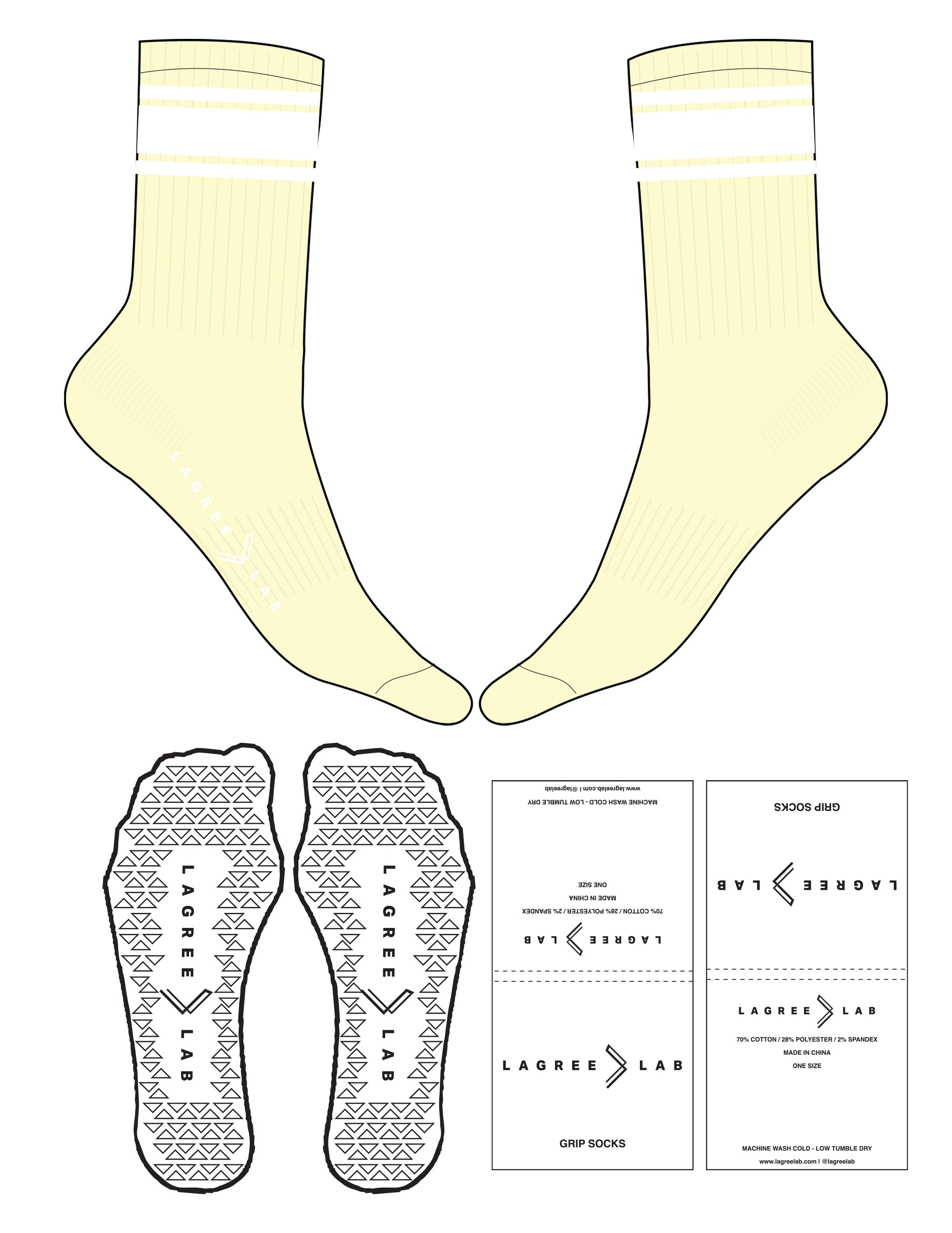 The Crew Sock - Light Yellow - LagreeLab - 2 Stripes - Top Logo - Printed - White - Triangle Grip - White