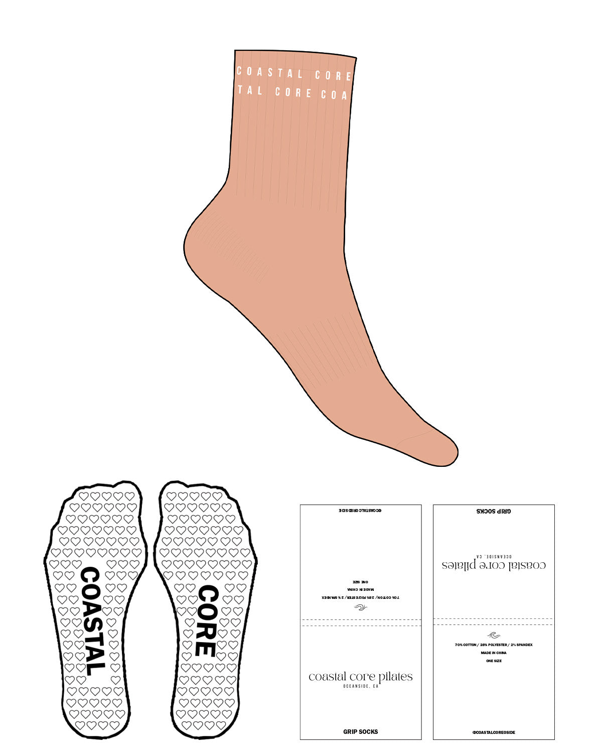 The 3/4 Crew Sock - Peach L70 - Coastal Core Oceanside - Around Top - Like Stripe - White - Heart Shape Grip - White