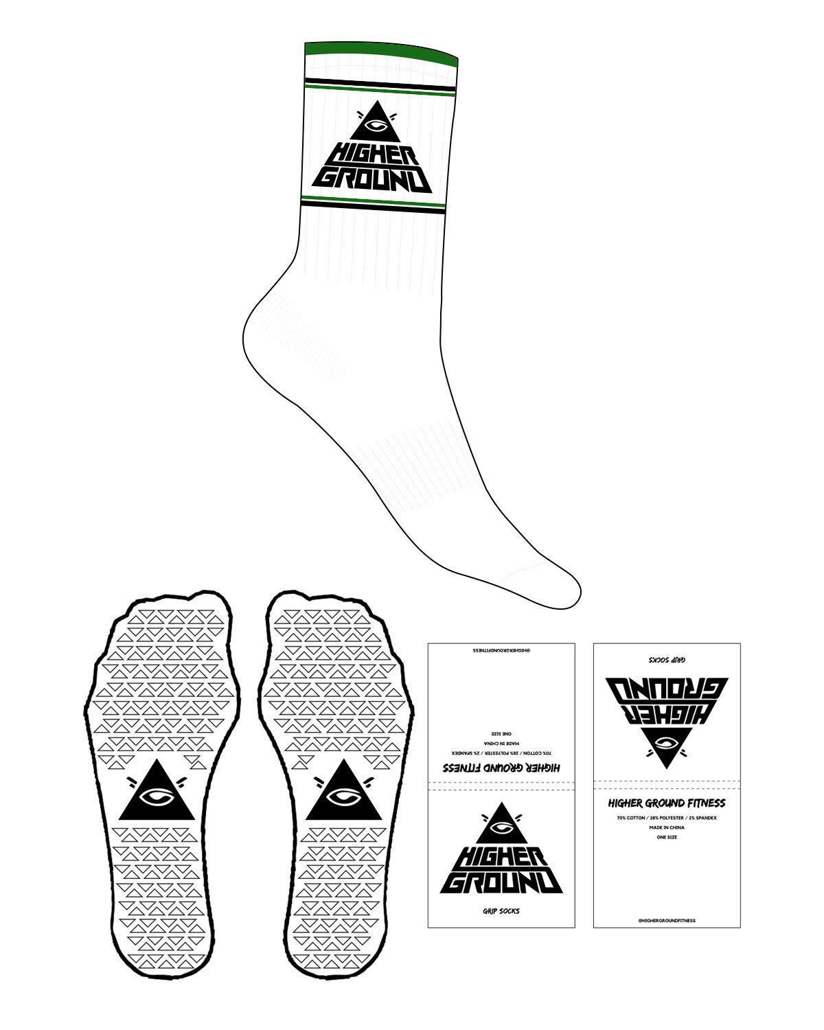 The Crew Sock - White - Higher Ground - Black & Green Stripes - Top Logo Stacked Black - Triangle Grip - Black