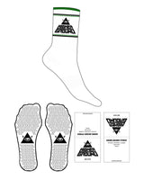 The Crew Sock - White - Higher Ground - Black & Green Stripes - Top Logo Stacked Black - Triangle Grip - Black