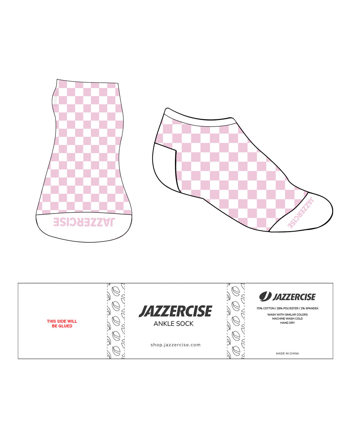 The Ankle Sock - White - Jazzercise - Checker - Pink - Toe - L69 - No Grip
