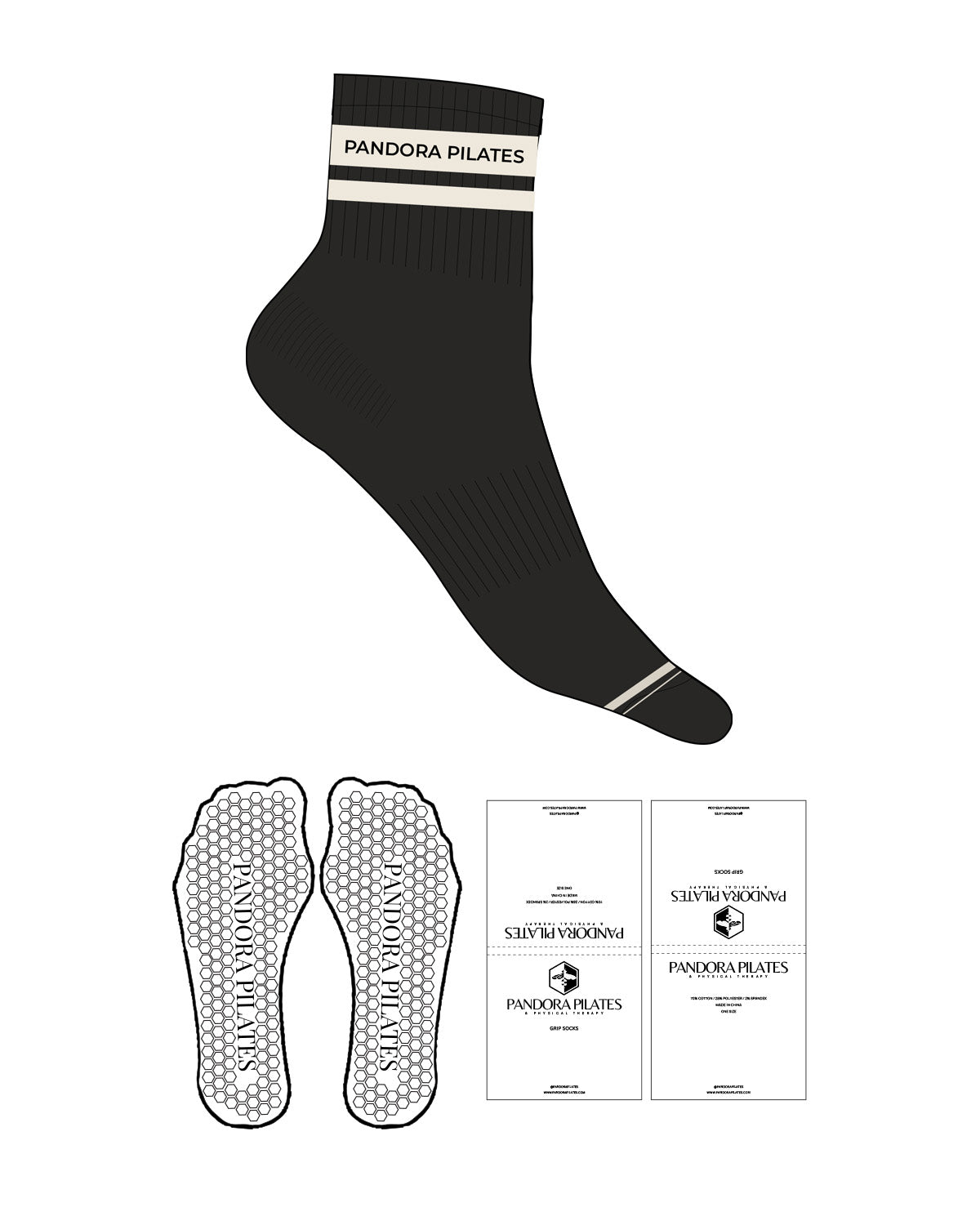 The 1/2 Crew Sock - Black - Pandora Pilates - L118 Stripes - Top Logo - Cream - Hexagon Shape Grip - L118