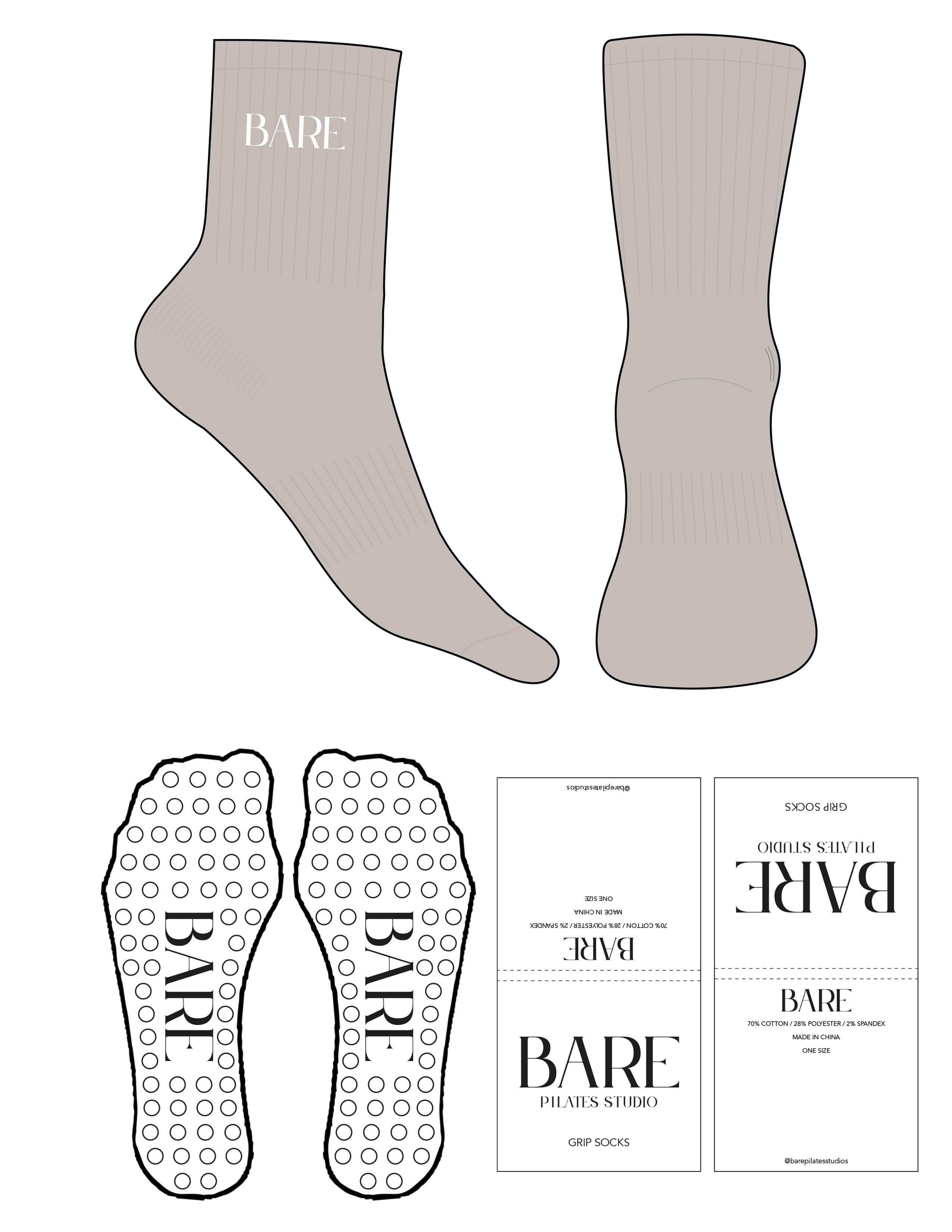 The 3/4 Crew Sock - Oat Milk - Bare Pilates - Top Logo - Printed - White - Circle Grip - Transparent