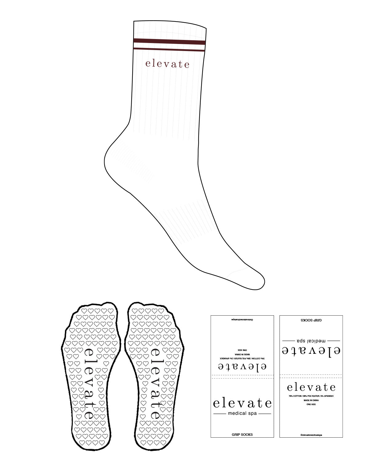 The Crew Sock - White - Elevate Medical Spa - 2 Strips - Top Logo "ELEVATE" - Embroidered - Raspberry - Heart Grip - Transparent