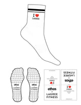 The 3/4 Crew Sock - White - Lagree Fit Expo 2026 I ♥ Lagree - Black Stripes - Top Logo Embroidered - Full Color - Circle Grip - Transparent