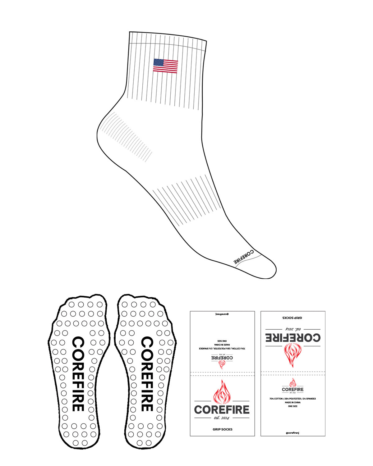The 1/2 Crew Sock - White - Corefire - Top Center - Flag Patch - Bottom Text - Black - Circle Shape Grip - White