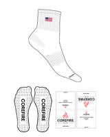 The 1/2 Crew Sock - White - Corefire - Top Center - Flag Patch - Bottom Text - Black - Circle Shape Grip - White