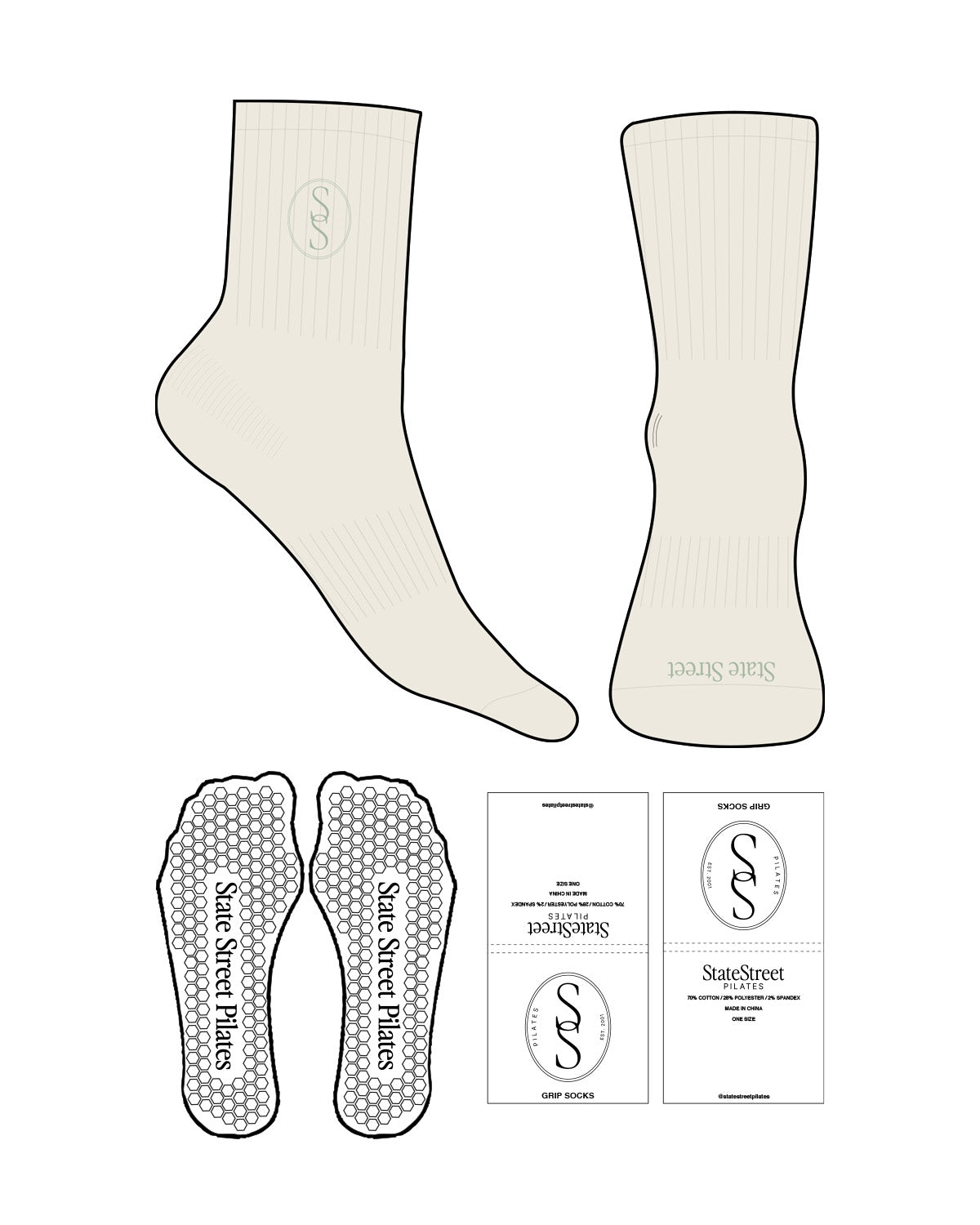 The 3/4 Crew Sock - Off White - State Street - Top Embroidered & Front Printed - Sage - Hexagon Shape Grip - Transparent