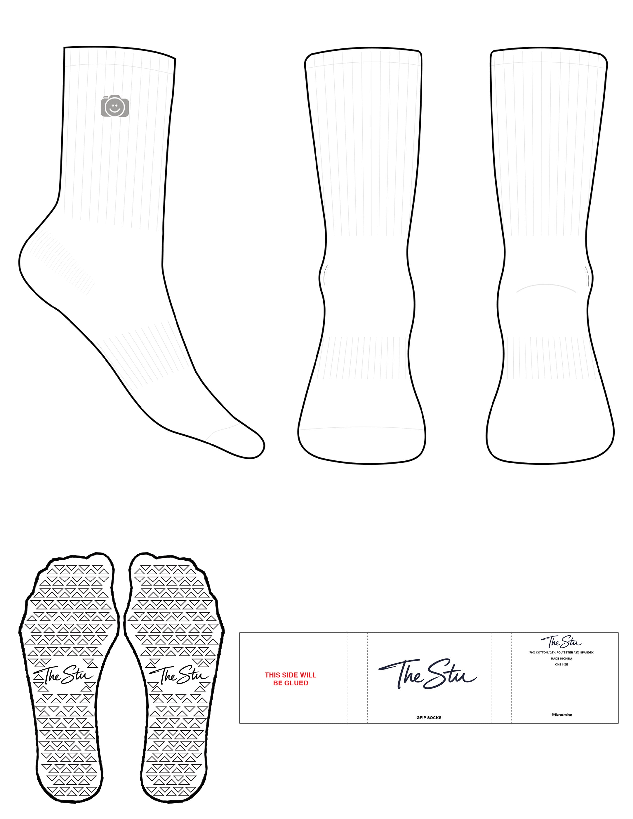 The Crew Sock - White - The Stu - Top Logo - EMB - Gray - Triangle Grip - Transparent