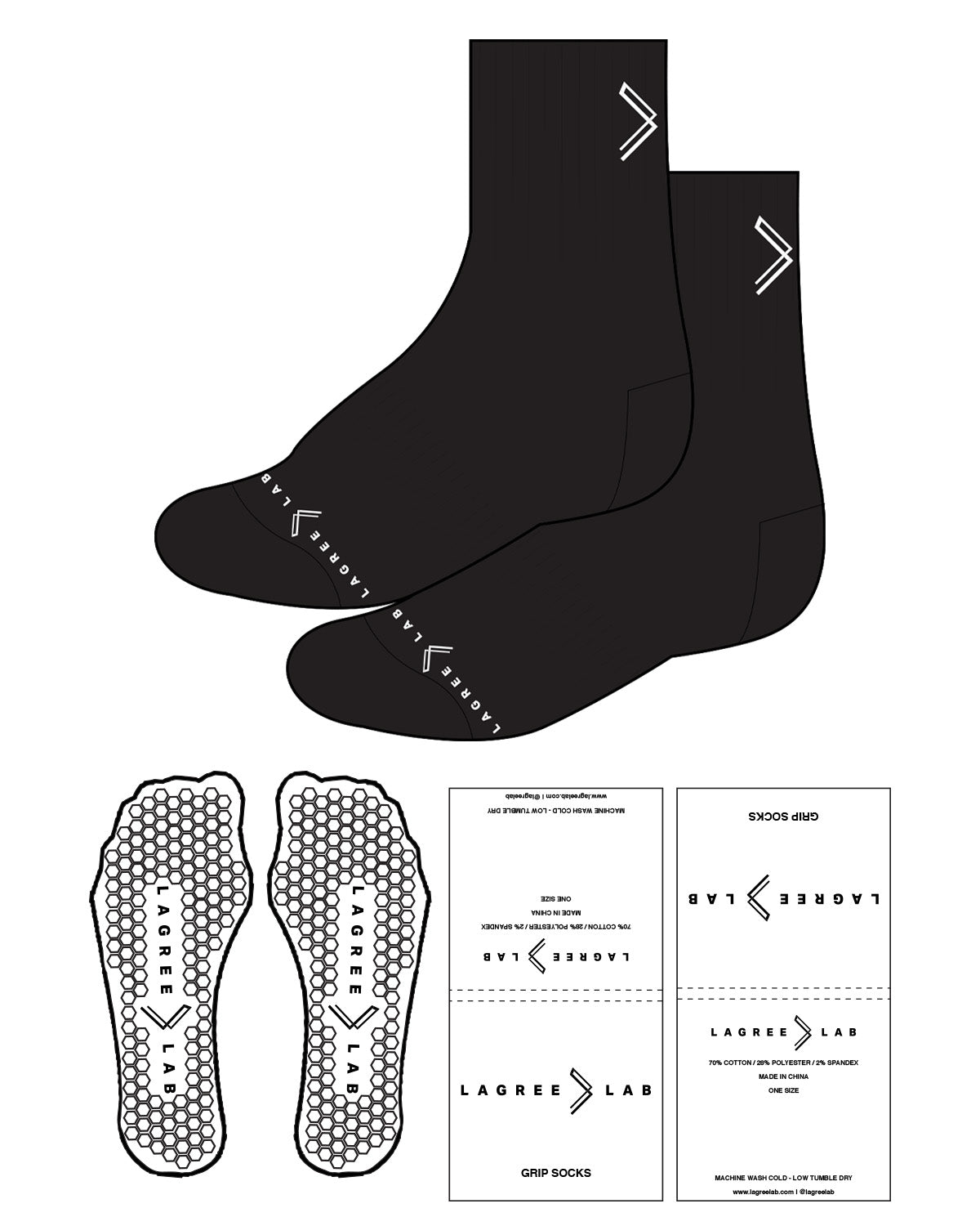 The 3/4 Crew Sock - Black - LagreeLab - Top Back "Arrow" & Bottom Text "Arrow" - White - Hexagon Shape Grip - White - Packging - White - Print - Black