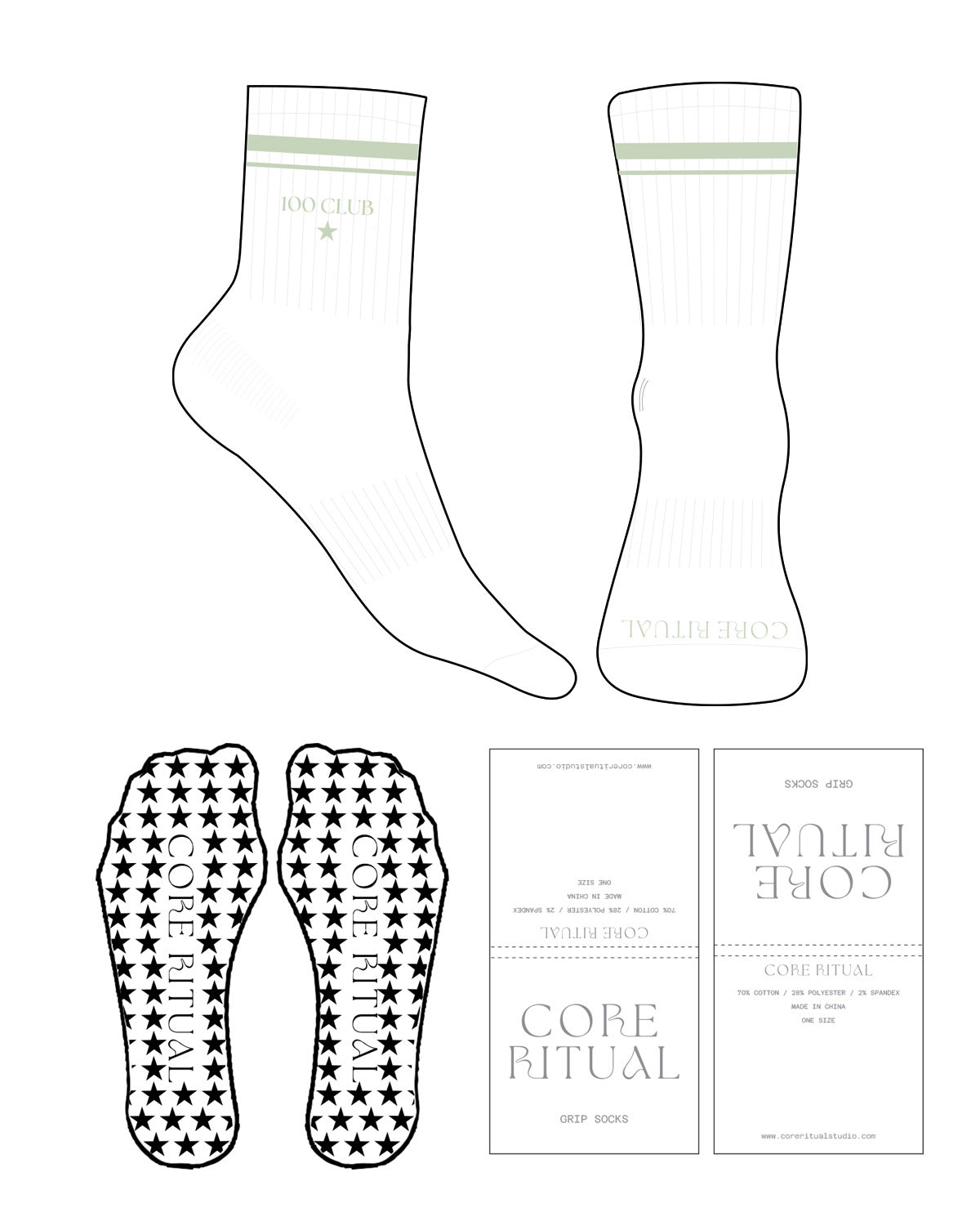 The 3/4 Crew Sock - White - Core Ritual - 2 Strips - Top & Front Logo - Embrodiered - Sage - Star Shape Grip - Sage