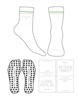 The 3/4 Crew Sock - White - Core Ritual - 2 Strips - Top & Front Logo - Embrodiered - Sage - Star Shape Grip - Sage