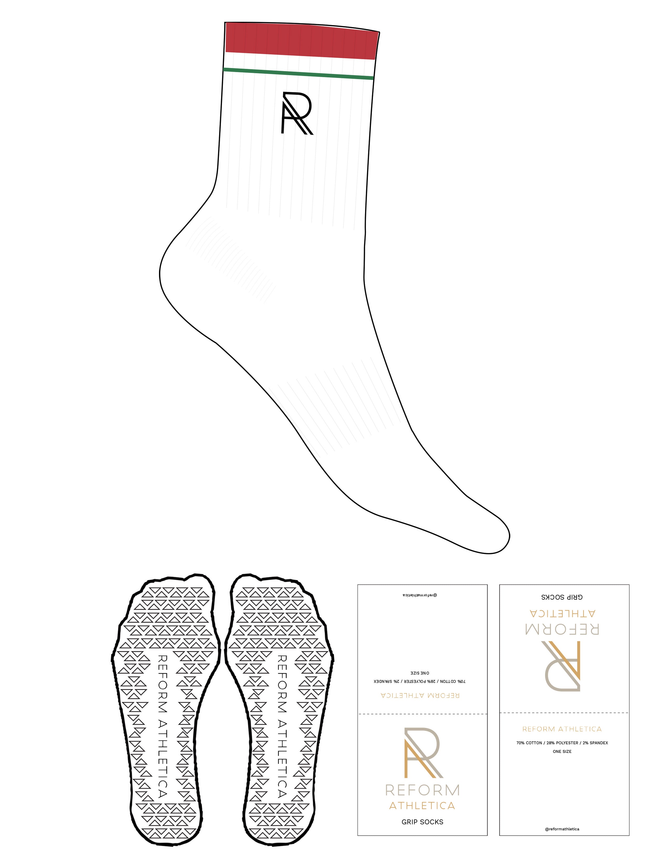 The 3/4 Crew Sock - White - Reform Athletica - Apple & Rococco Red Stripes - Top Logo - Embroidered - Black - Triangle Grip - Apple