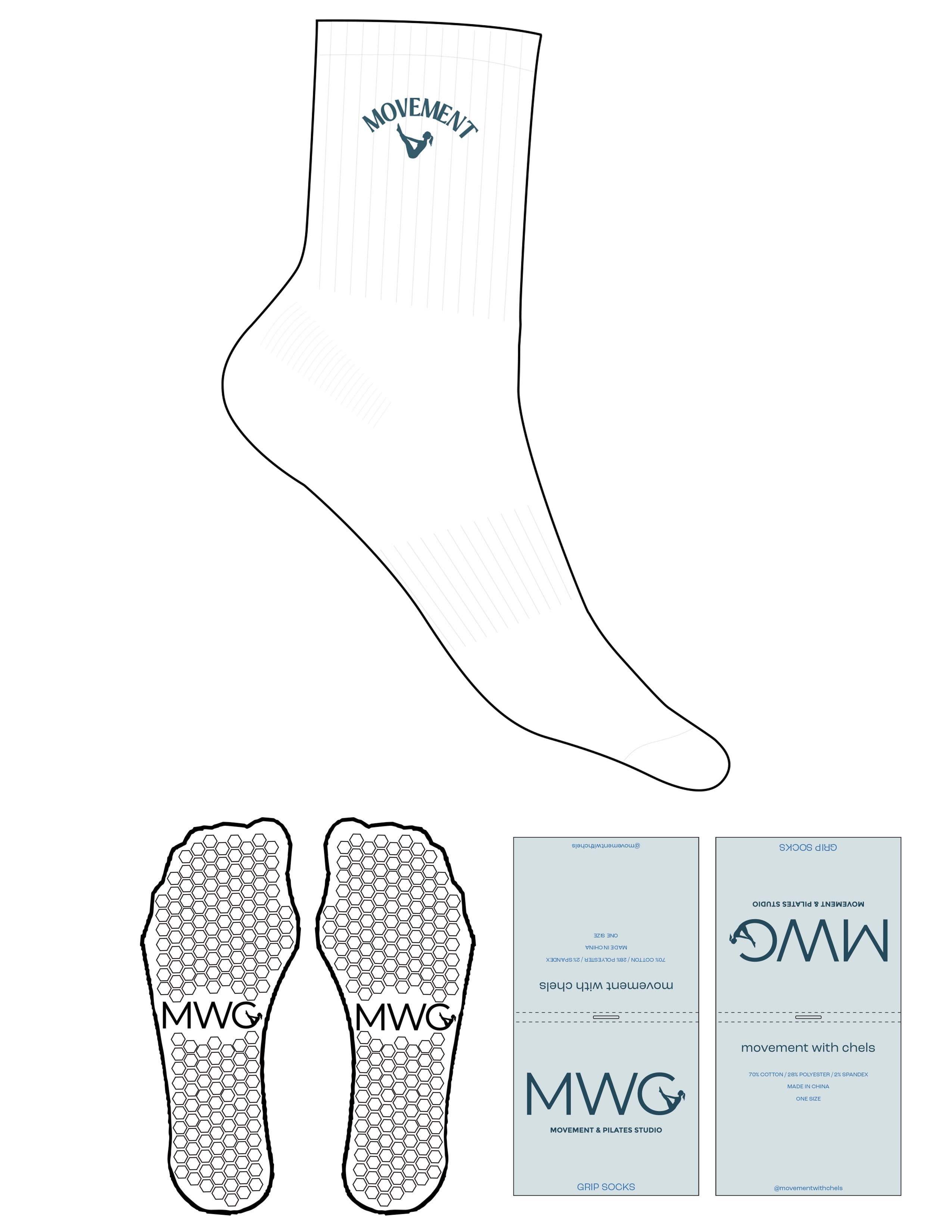 The 3/4 Crew Sock - White - Movement With Chels - Top Logo - EMB - Blue Smoke - Hexagon Grip - Blue Smoke