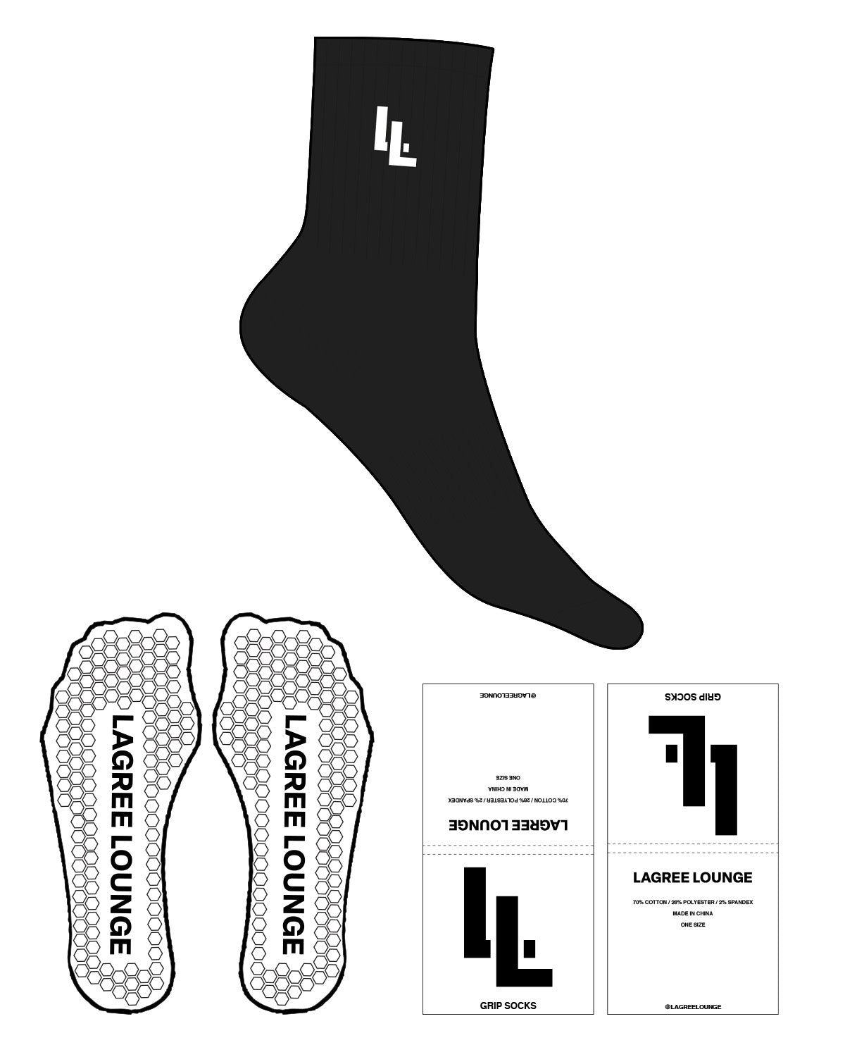 The 3/4 Crew Sock - Black - Lagree Lounge - Double L - White - Hexagon Grip Shape - White