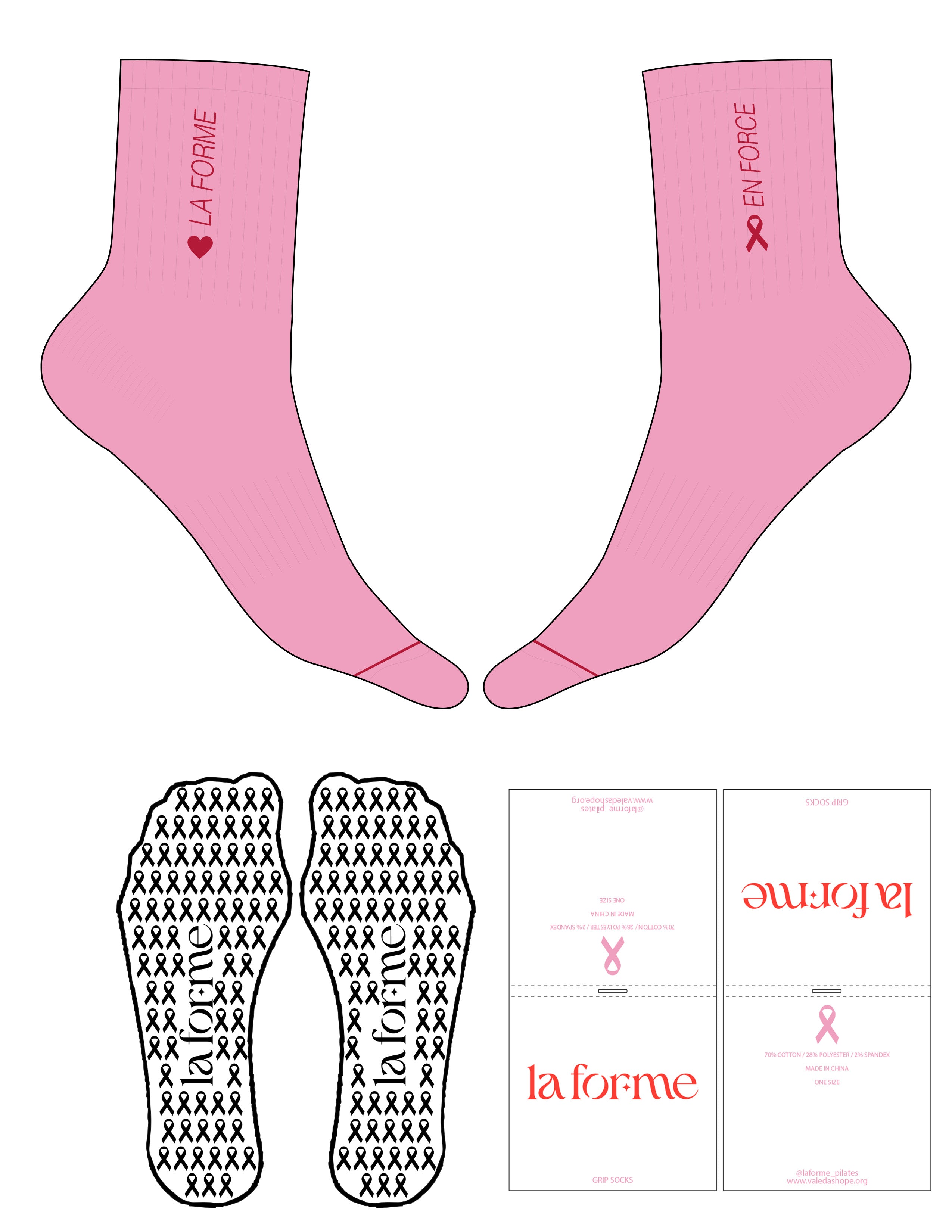 The 3/4 Crew Sock - Prism Pink - La Forme Pilates - Toe Stripe - Top Logo Vertical - Embroidered - Lipstick Red - Ribbon Grip - Lipstick Red
