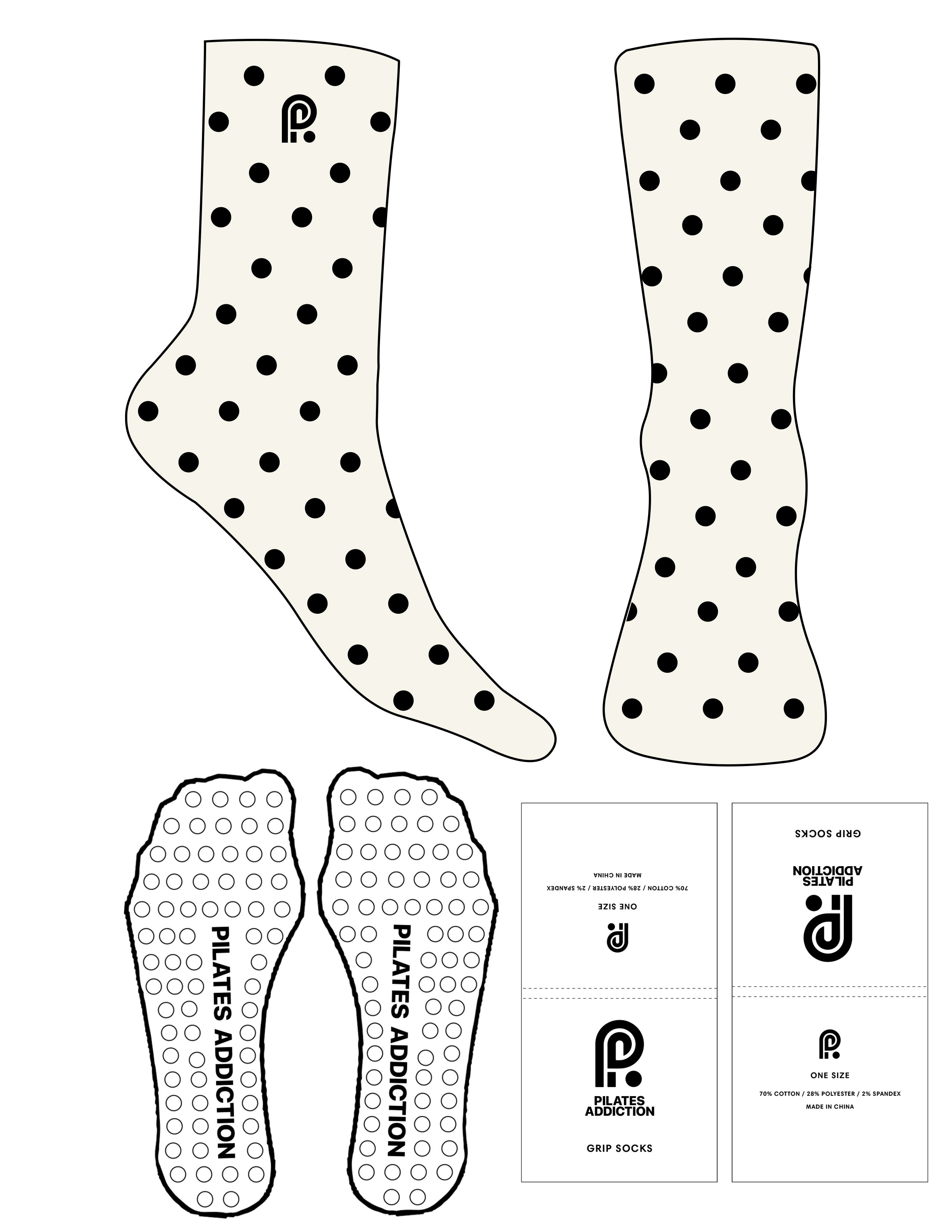 The 3/4 Crew Sock - Off White - Pilates Addiction - Black Polka Dots - Top Logo - Embroidered - Black - Circle Grip - Transparent